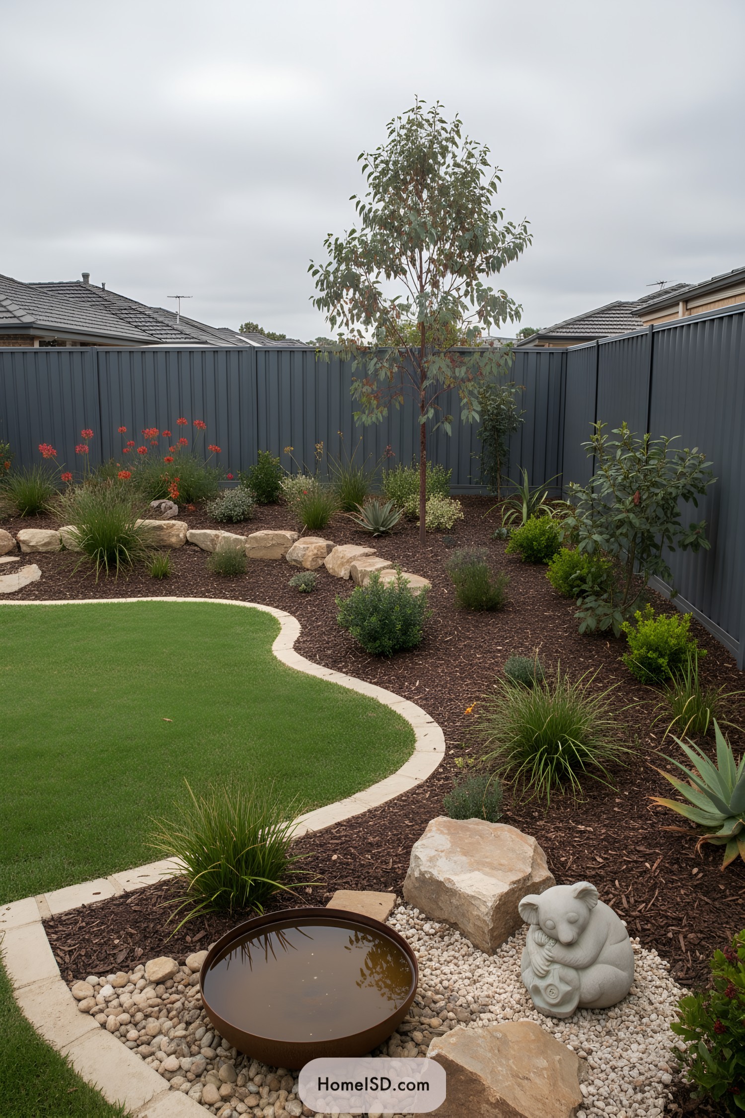 Neatly landscaped Australian backyard with curved lawn, native plants, rocks, and a koala garden ornament beside a shallow birdbath