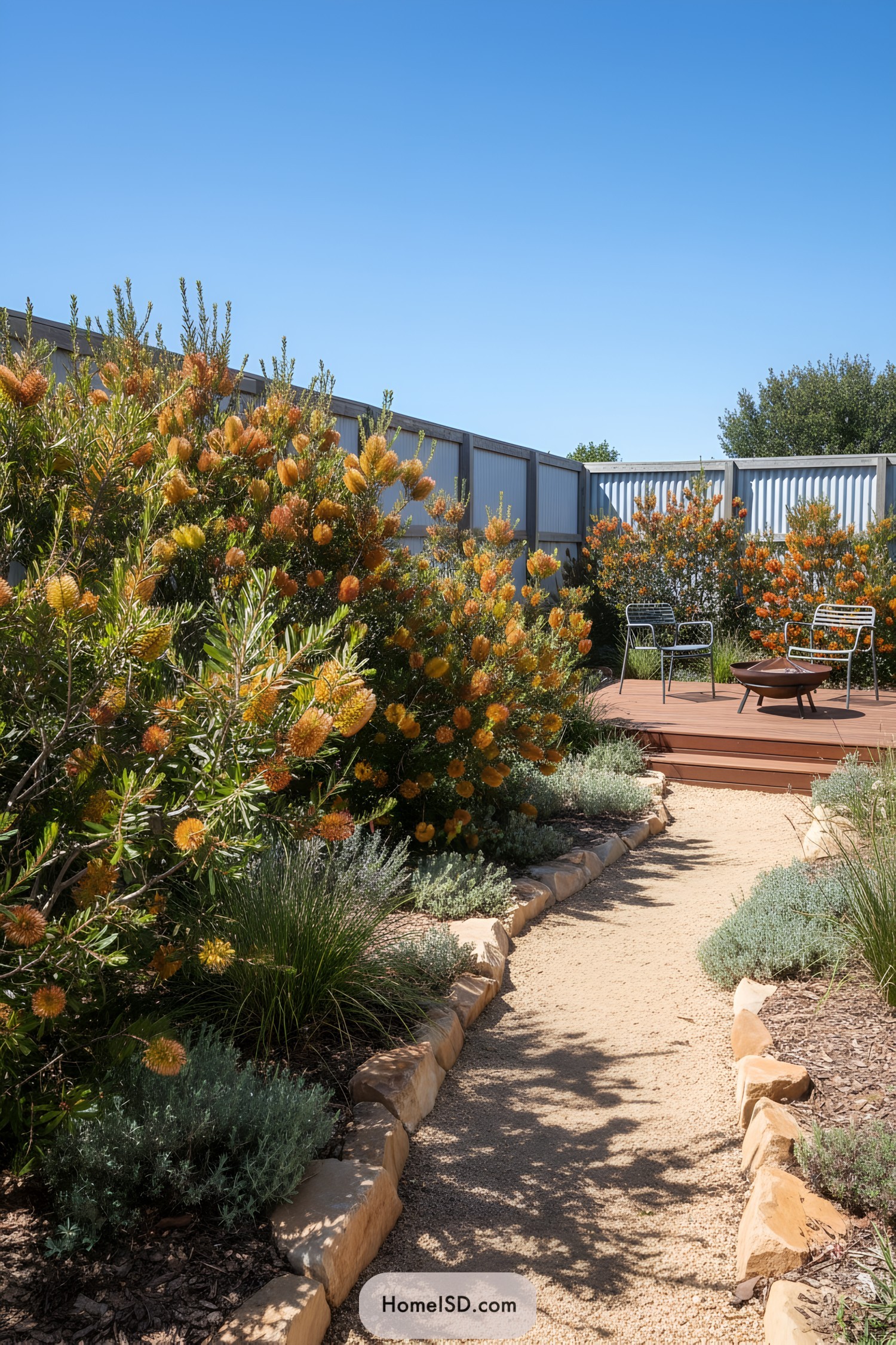 Gravel path lined with natives leading to a timber deck with chairs and a fire pit