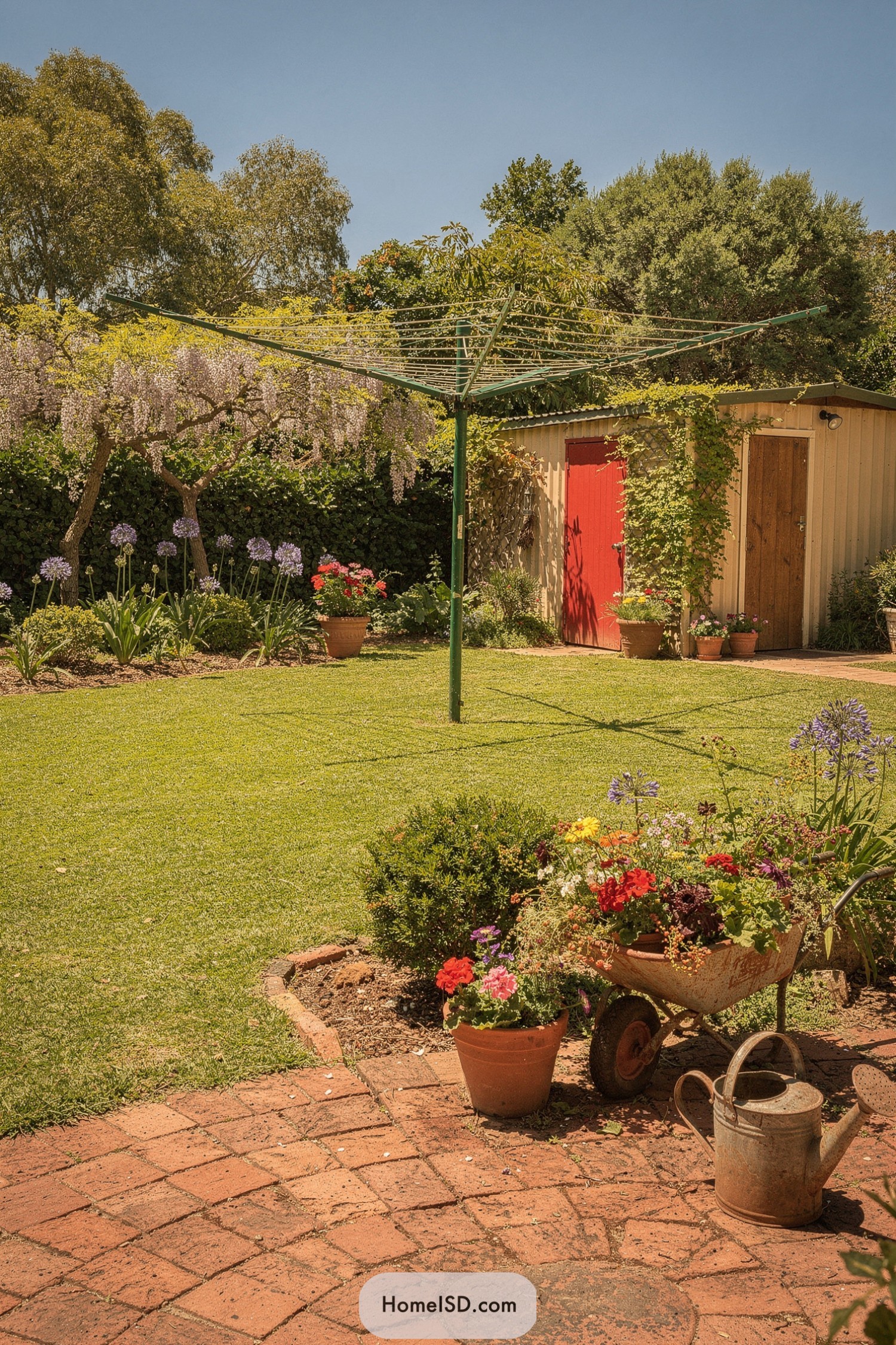 Sunny backyard with lawn rotary clothesline flower beds and a red door shed