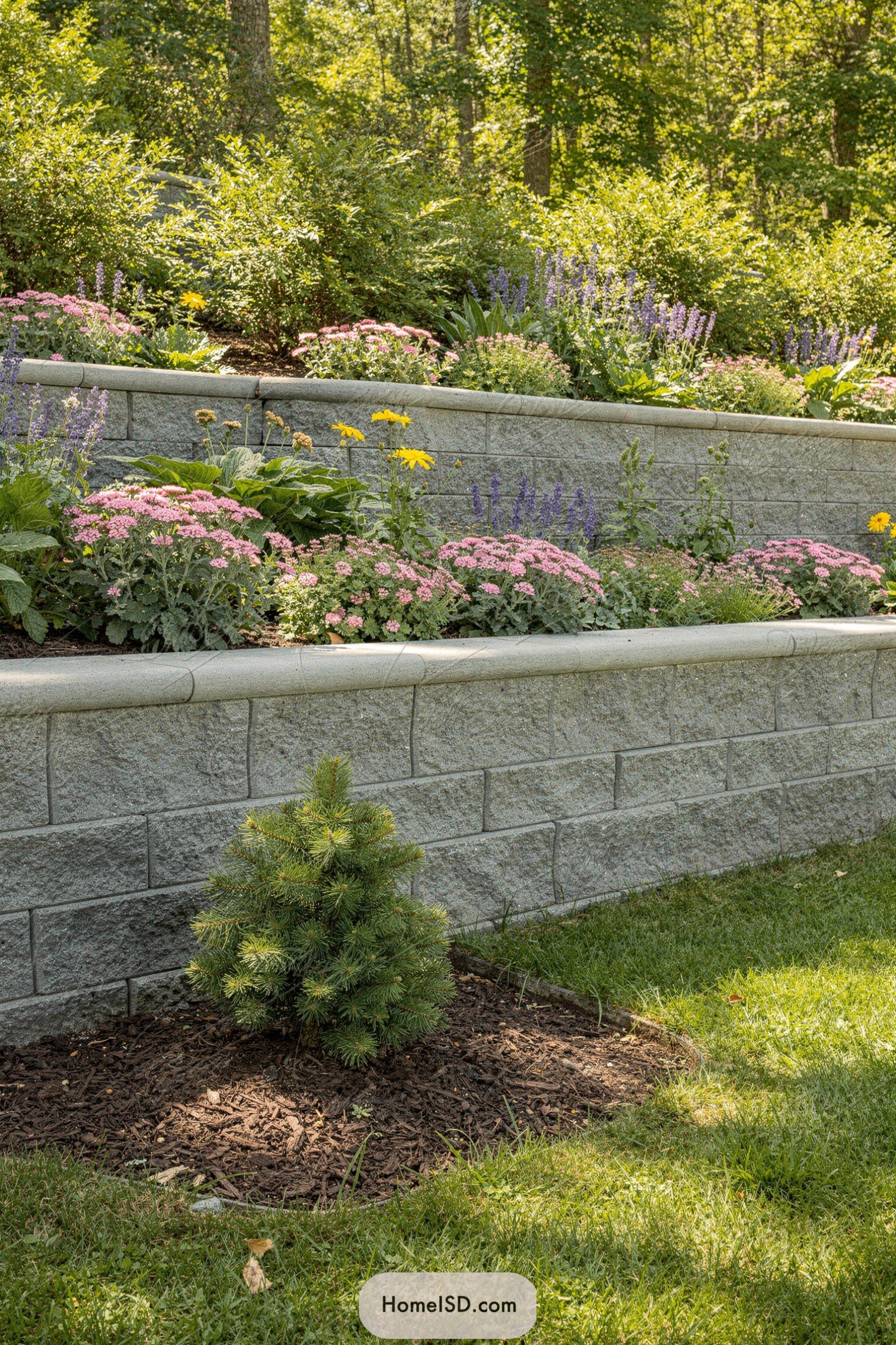 Tiered gray block retaining walls with layered flowering plants