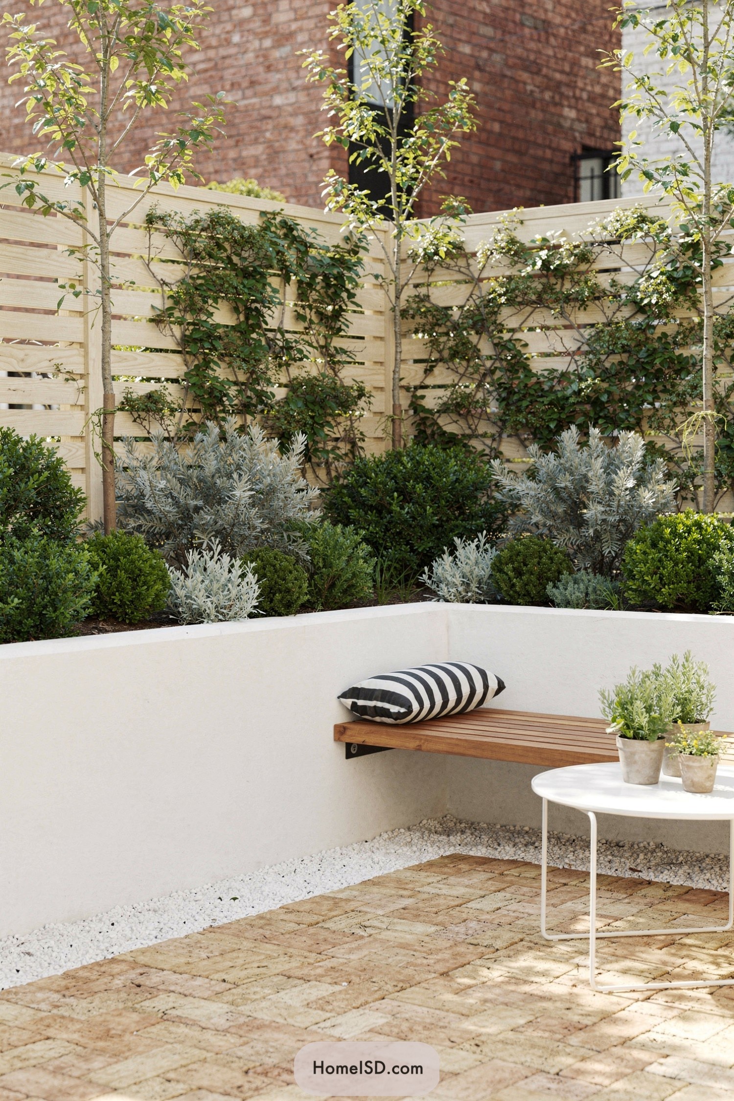 Modern courtyard with raised white planter, slatted wooden fence, bench, and potted plants