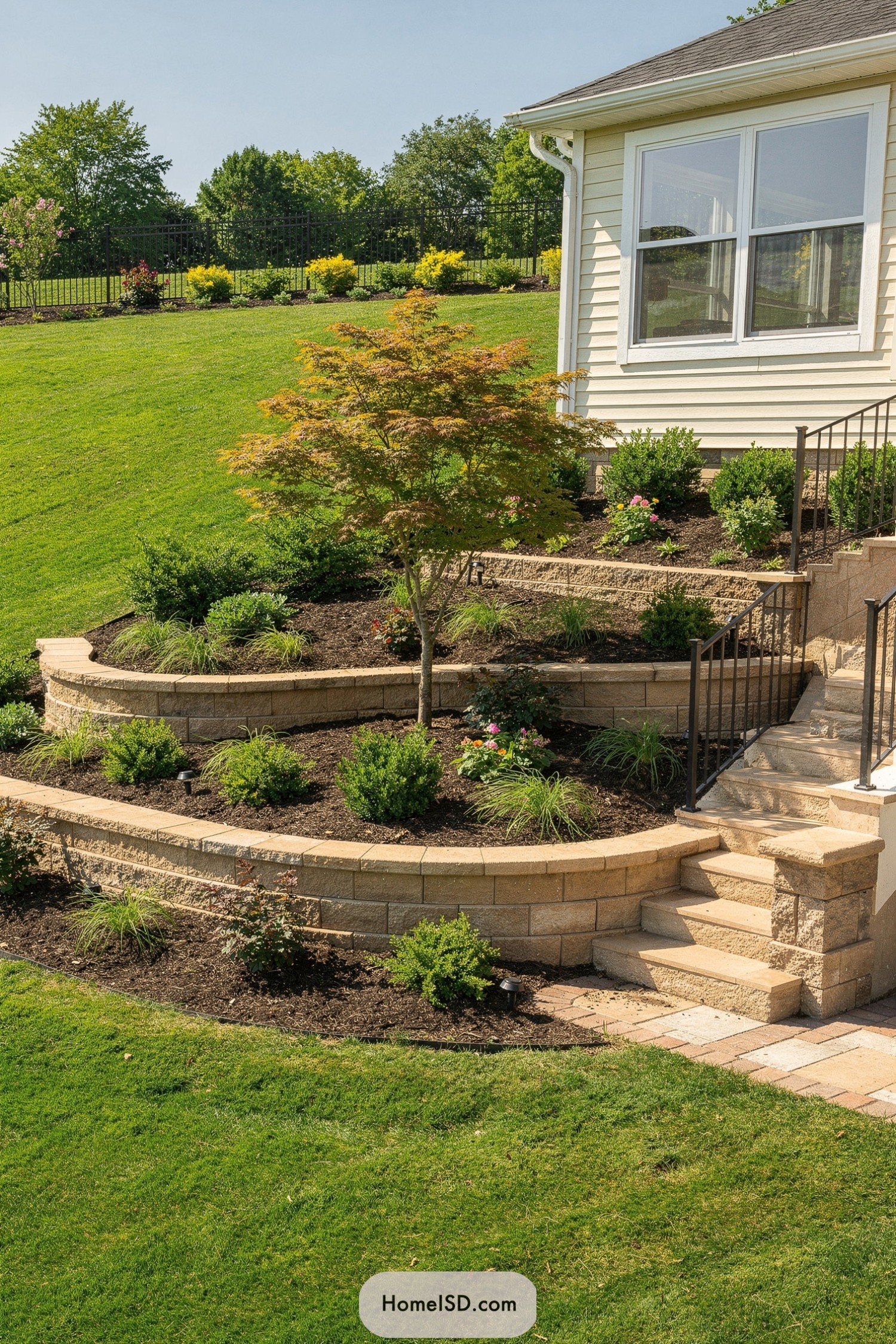 Curved tiered stone garden beds wrap a sloped yard beside a house, filled with shrubs, grasses, and a small ornamental tree