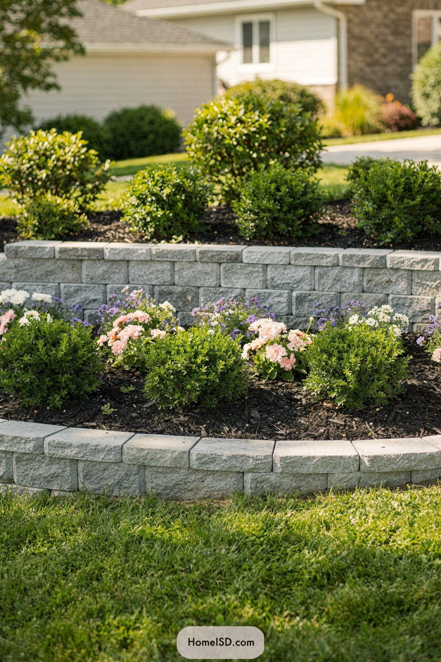 Tiered curved stone flower bed with flowering shrubs