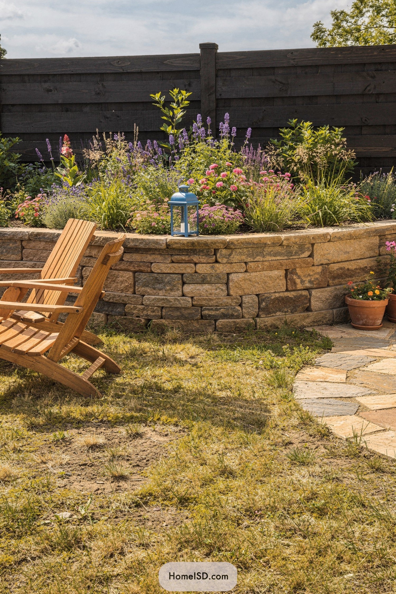 Curved stone raised flower bed with colorful blooms and wooden chairs nearby