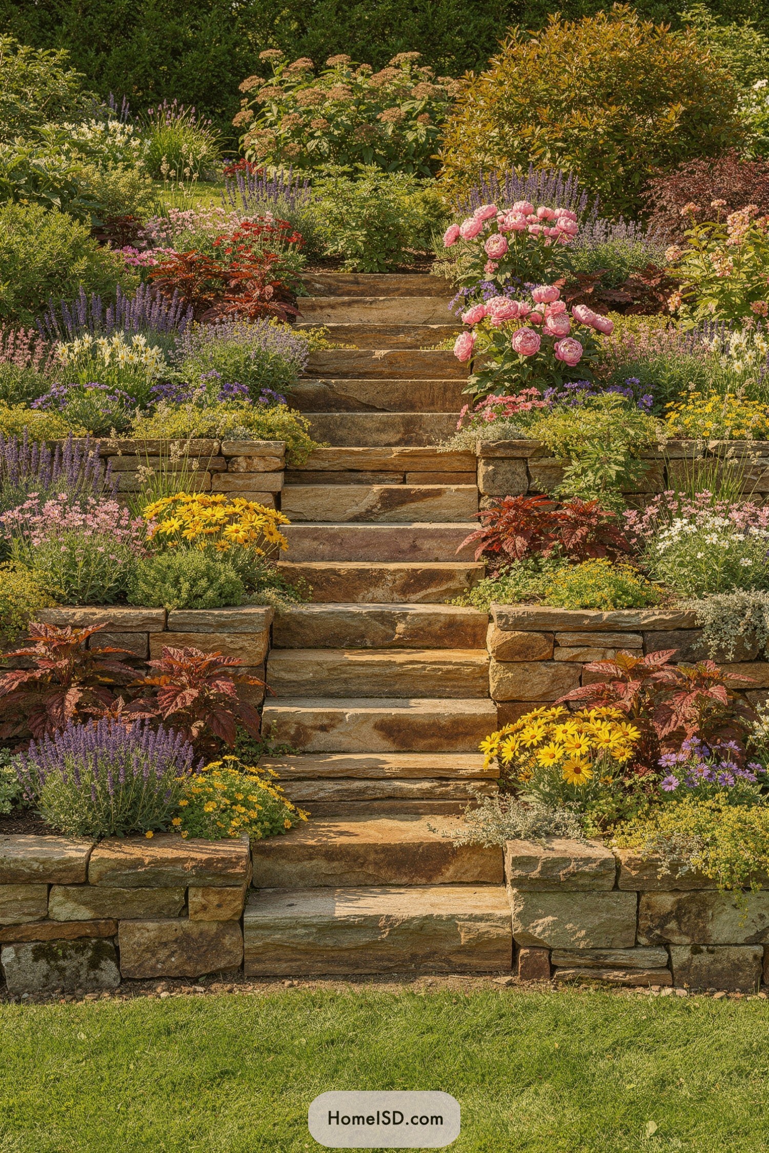 Terraced stone garden steps lined with colorful flowers