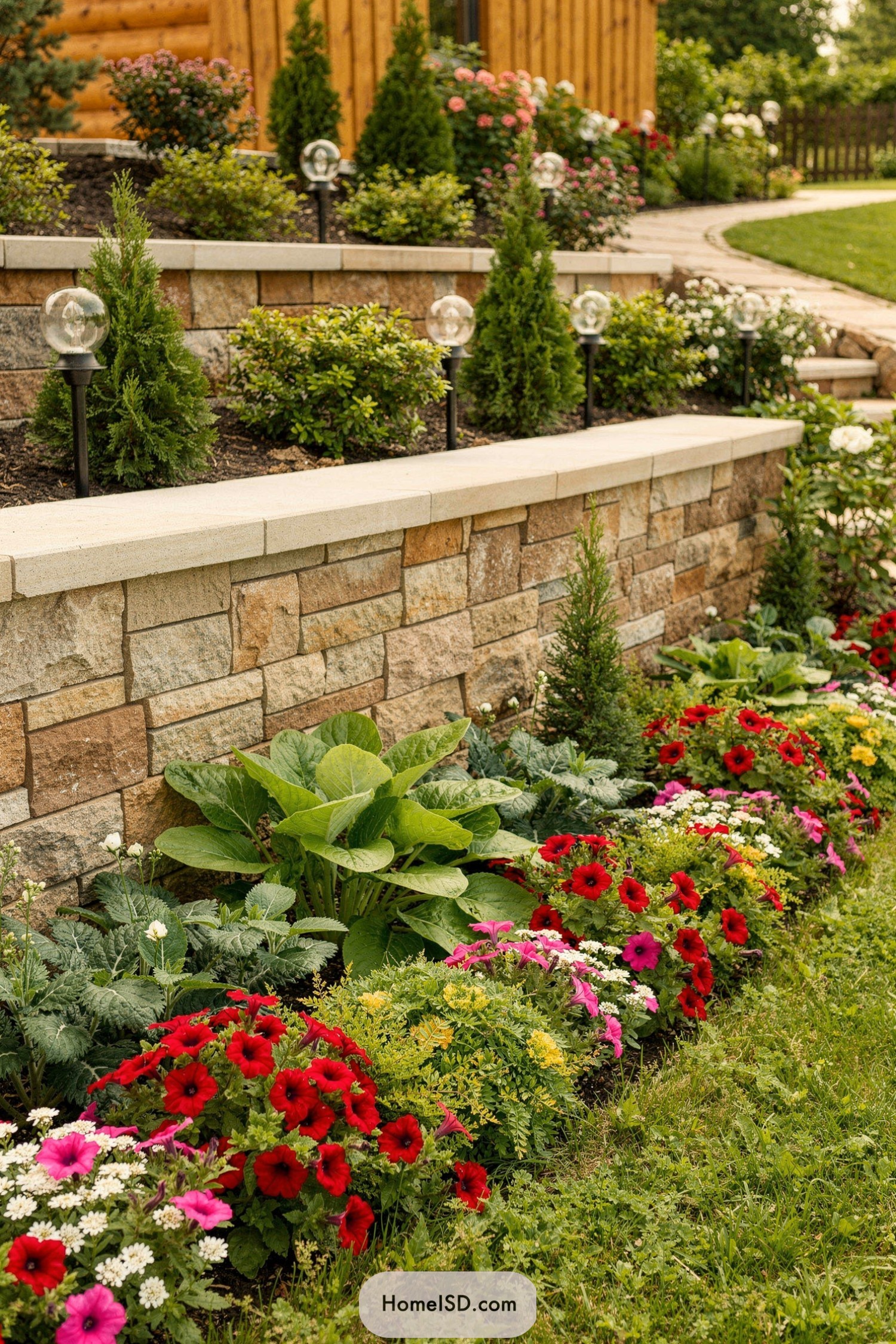Tiered stone retaining wall with evergreens, globe lights, and colorful flower border