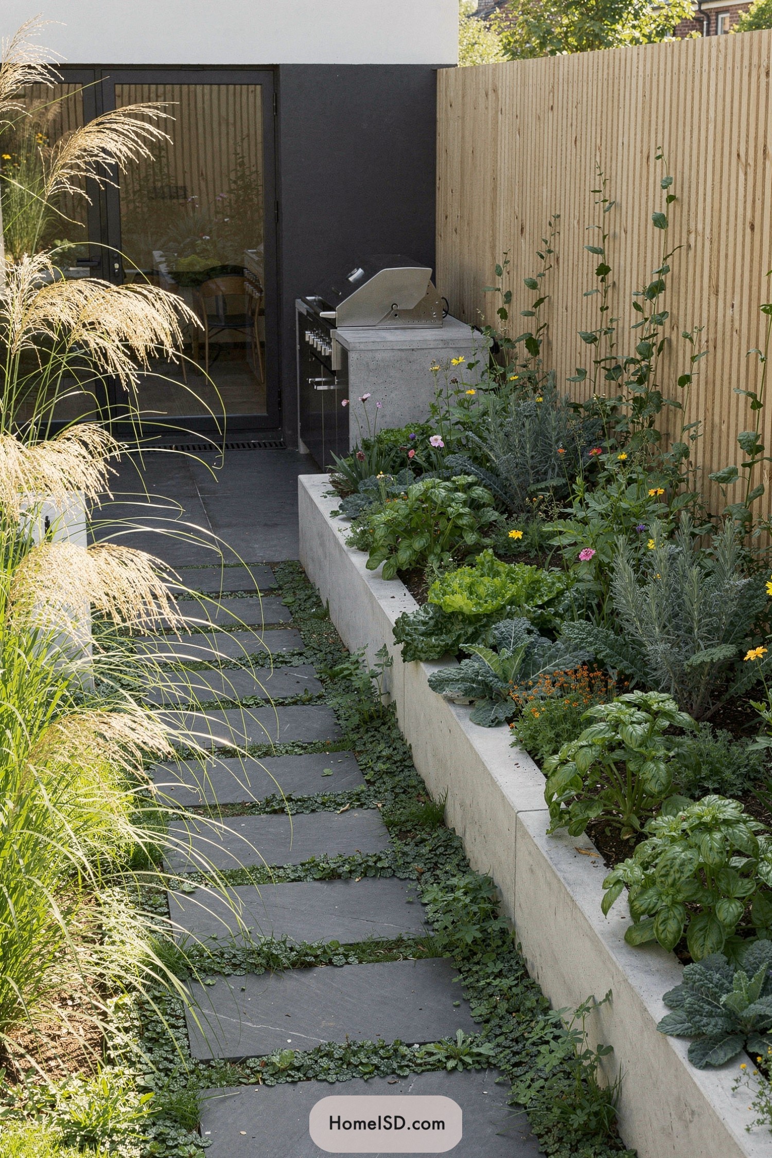 Raised concrete garden bed with herbs and flowers beside a narrow slate stepping-stone path
