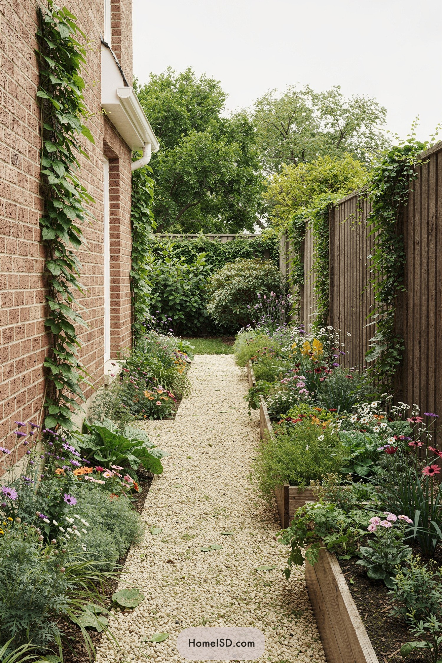 Narrow gravel path between house and fence lined with raised flower beds and vines