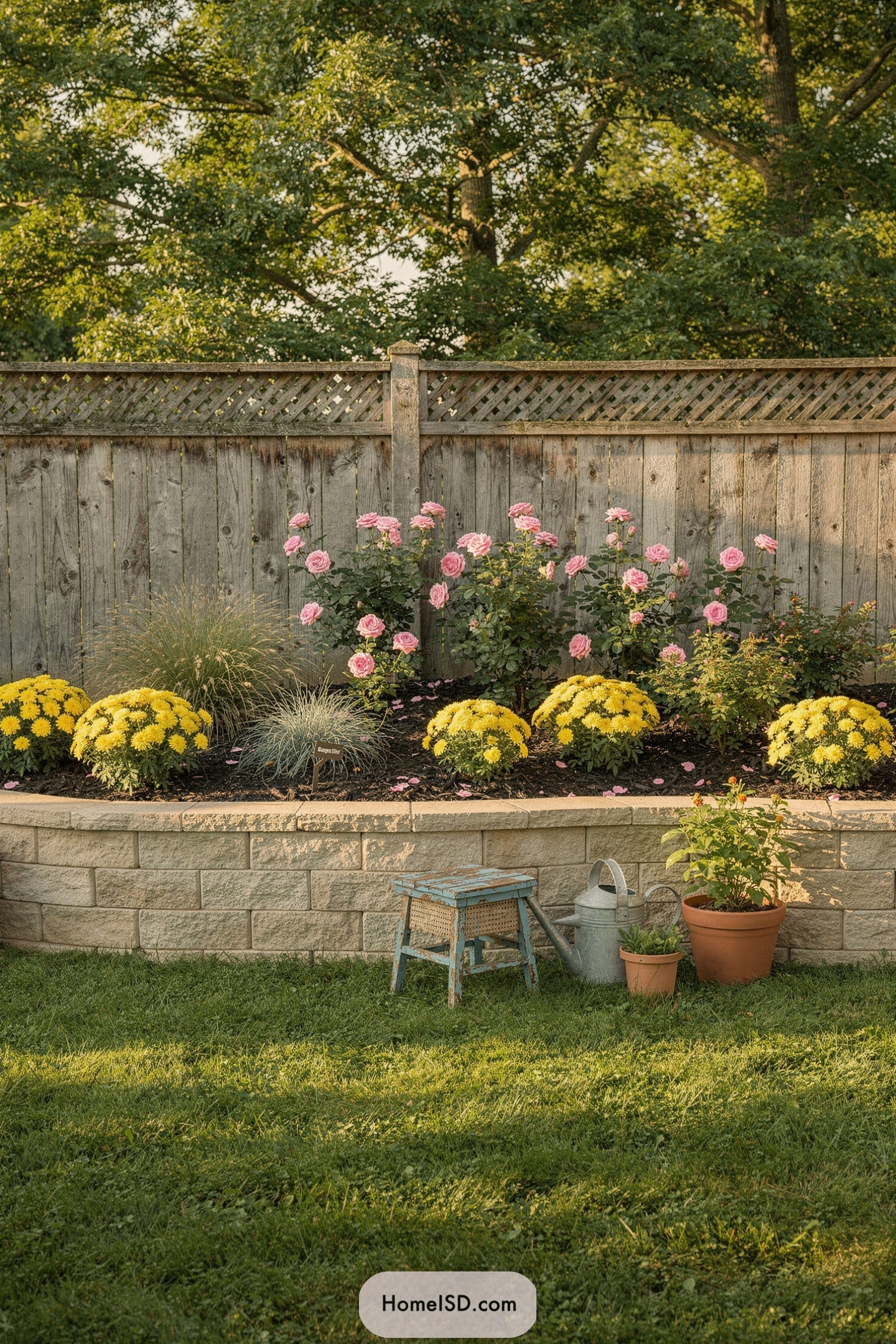 Curved stone flower bed with pink roses and yellow mums in front of a weathered wooden fence