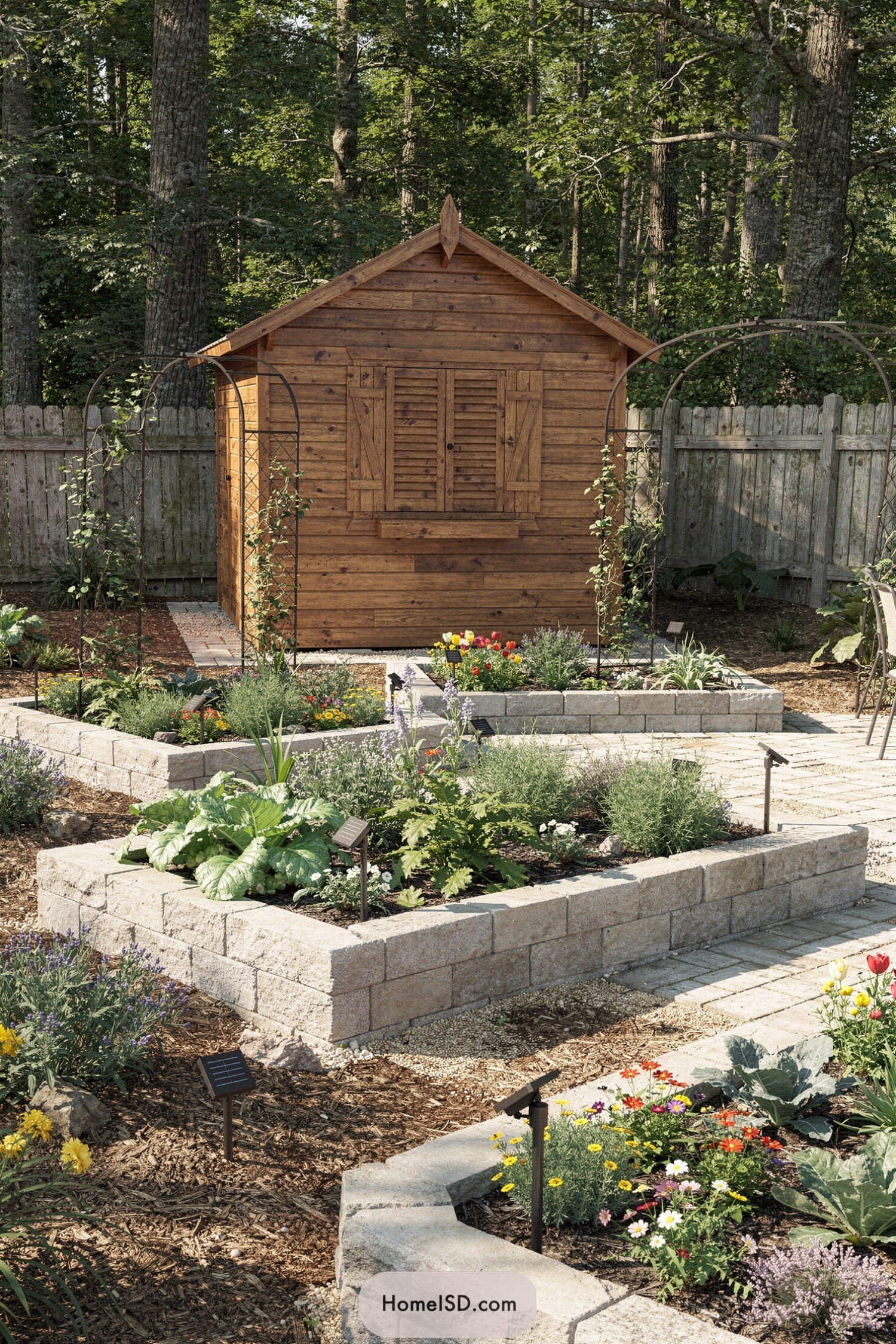 Raised stone garden beds frame a wooden shed in a wooded backyard