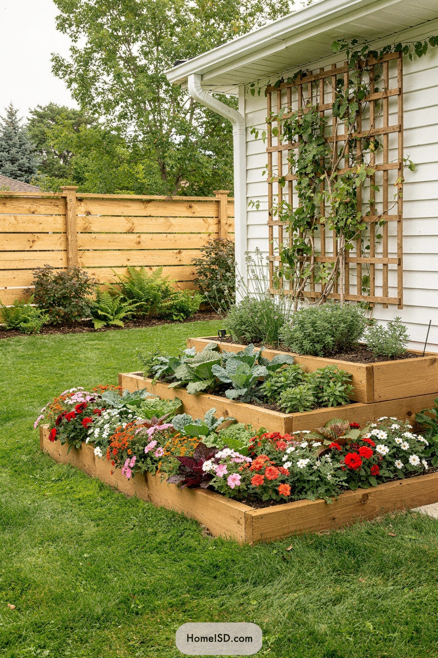 Wooden tiered raised beds filled with colorful flowers and vegetables beside a white house and trellis