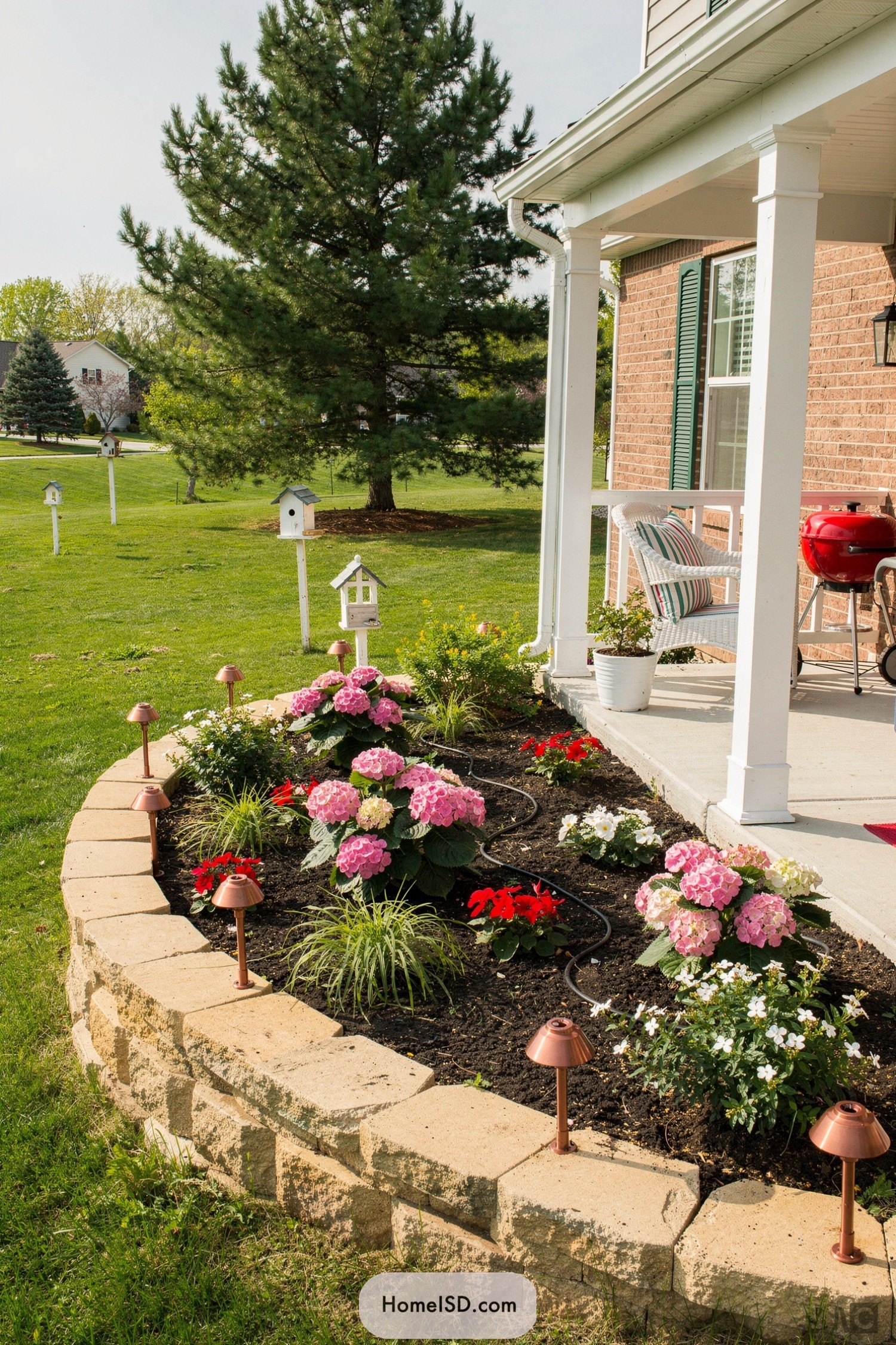 Curved stone flower bed along a porch with pink and white blooms and path lights