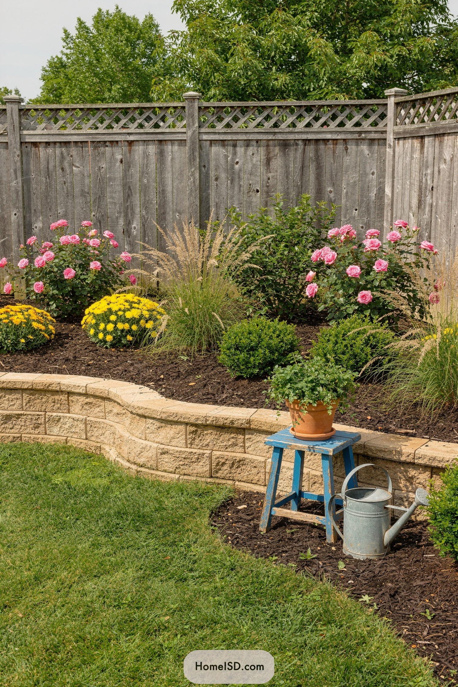 Curved stone retaining wall with mixed flowering shrubs and grasses along a weathered wooden fence