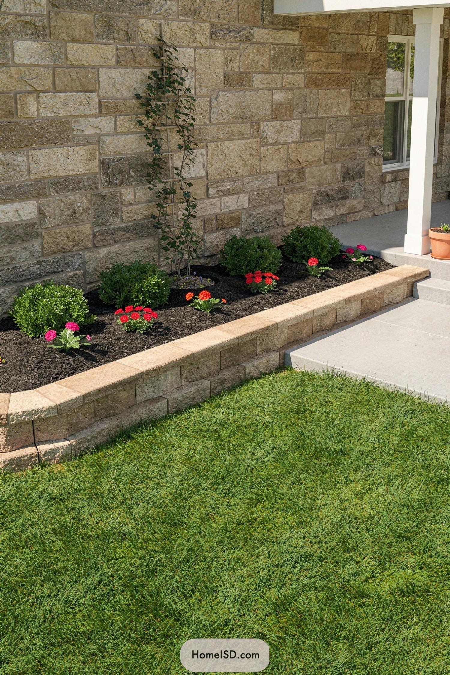 Raised stone flower bed along patio