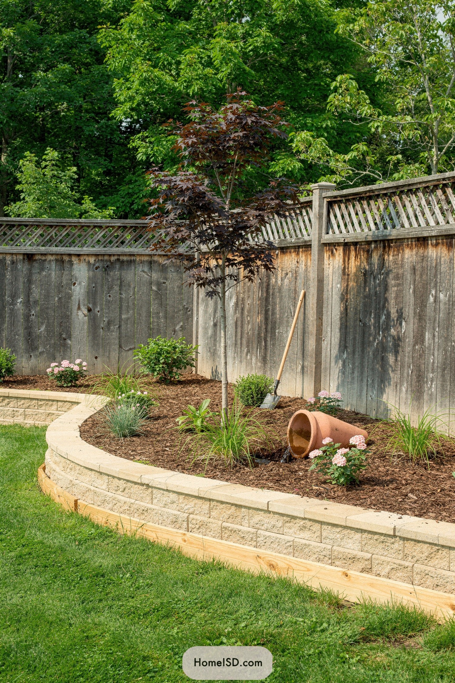 Curved raised stone flower bed with maple tree, tipped clay pot, and fresh plantings along a weathered wooden fence