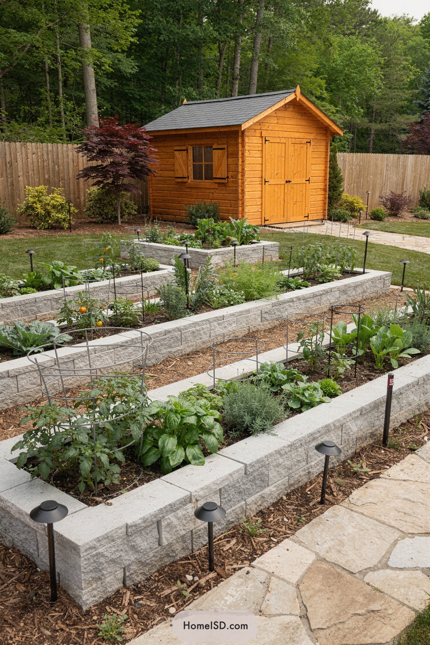 Raised stone vegetable beds with modern yard shed