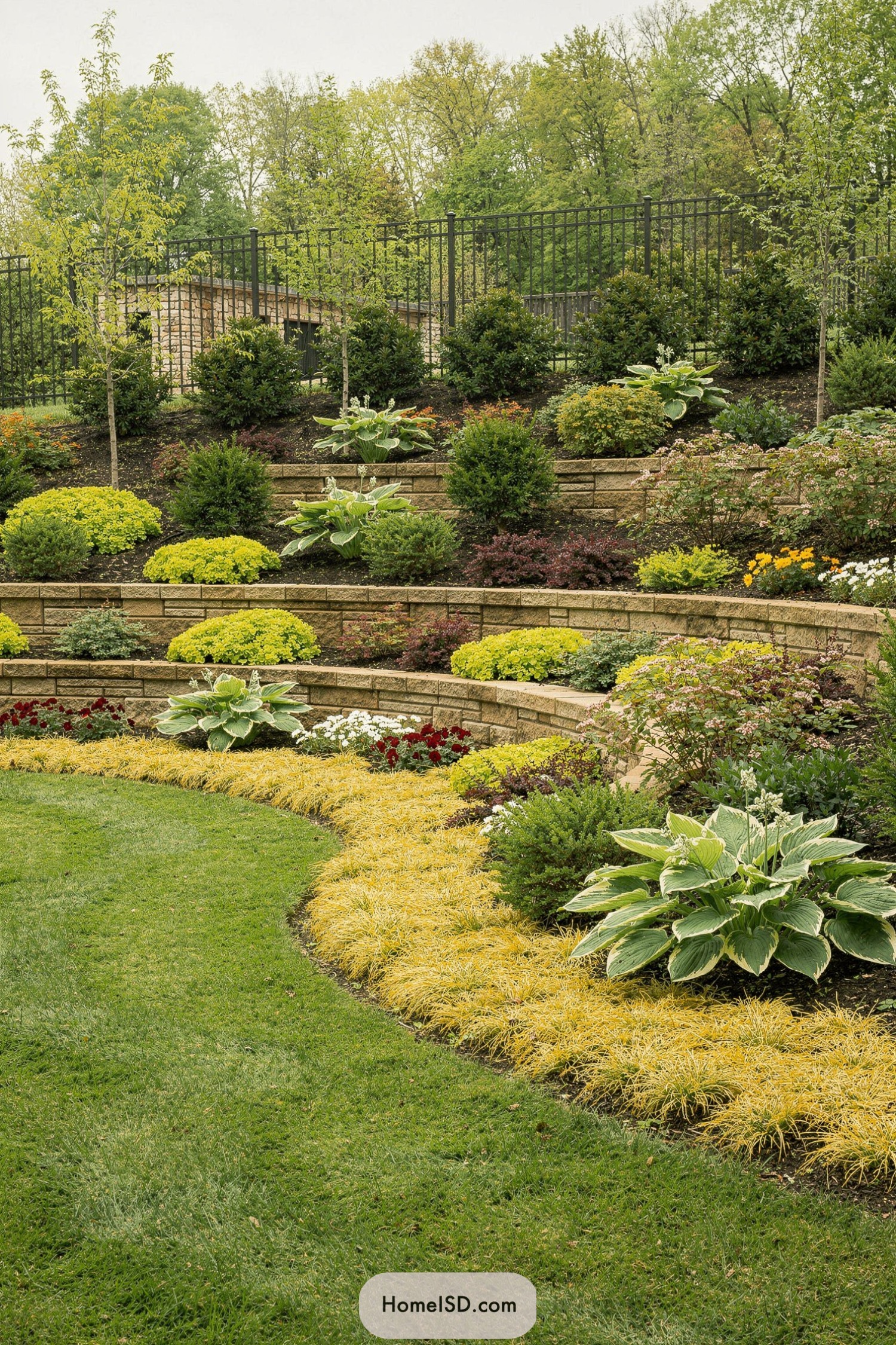 Tiered stone retaining wall garden with mixed shrubs, perennials, and groundcovers on a sloped backyard