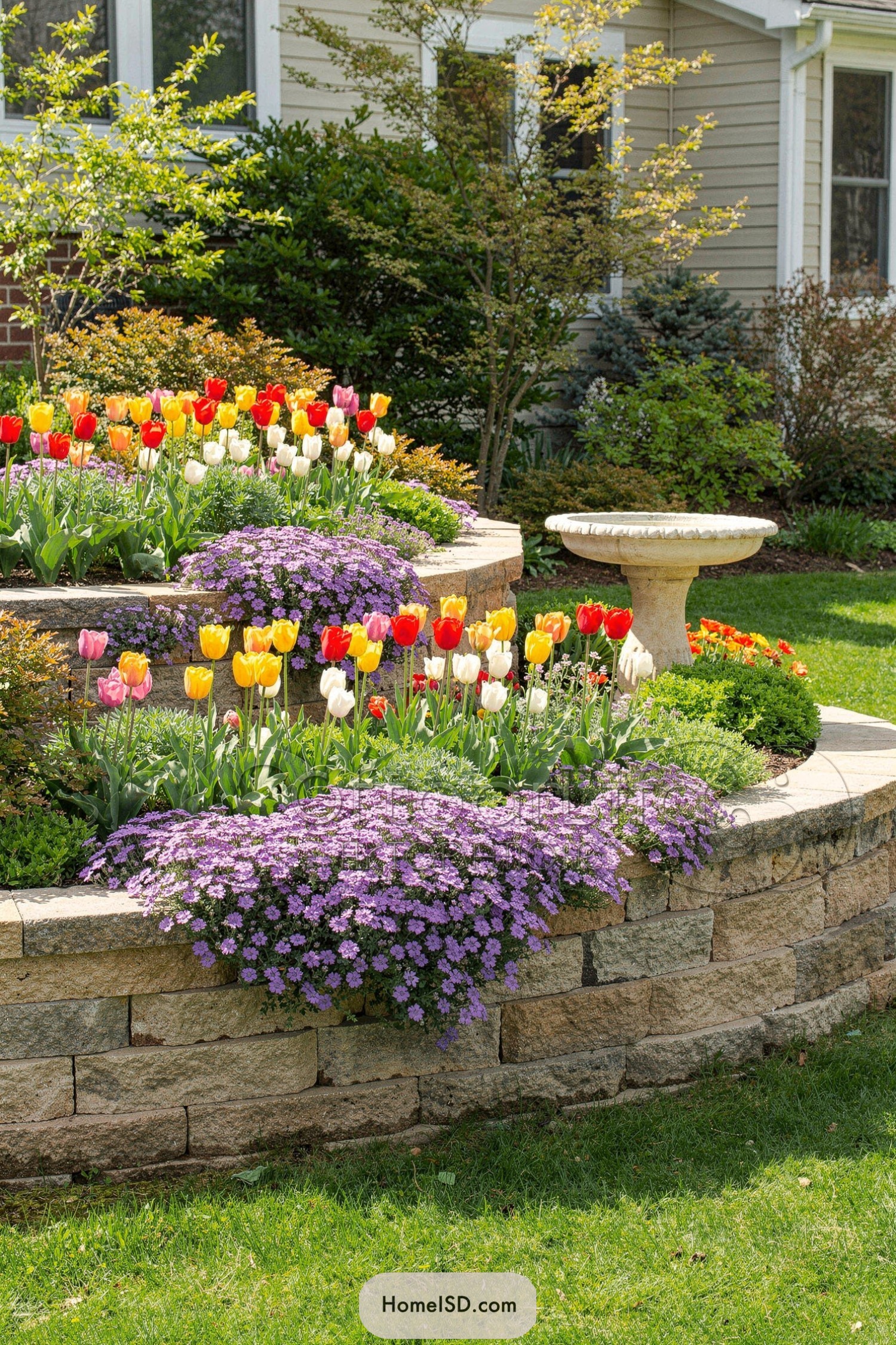 Curved tiered stone flower bed with colorful tulips and cascading purple blooms beside a small birdbath