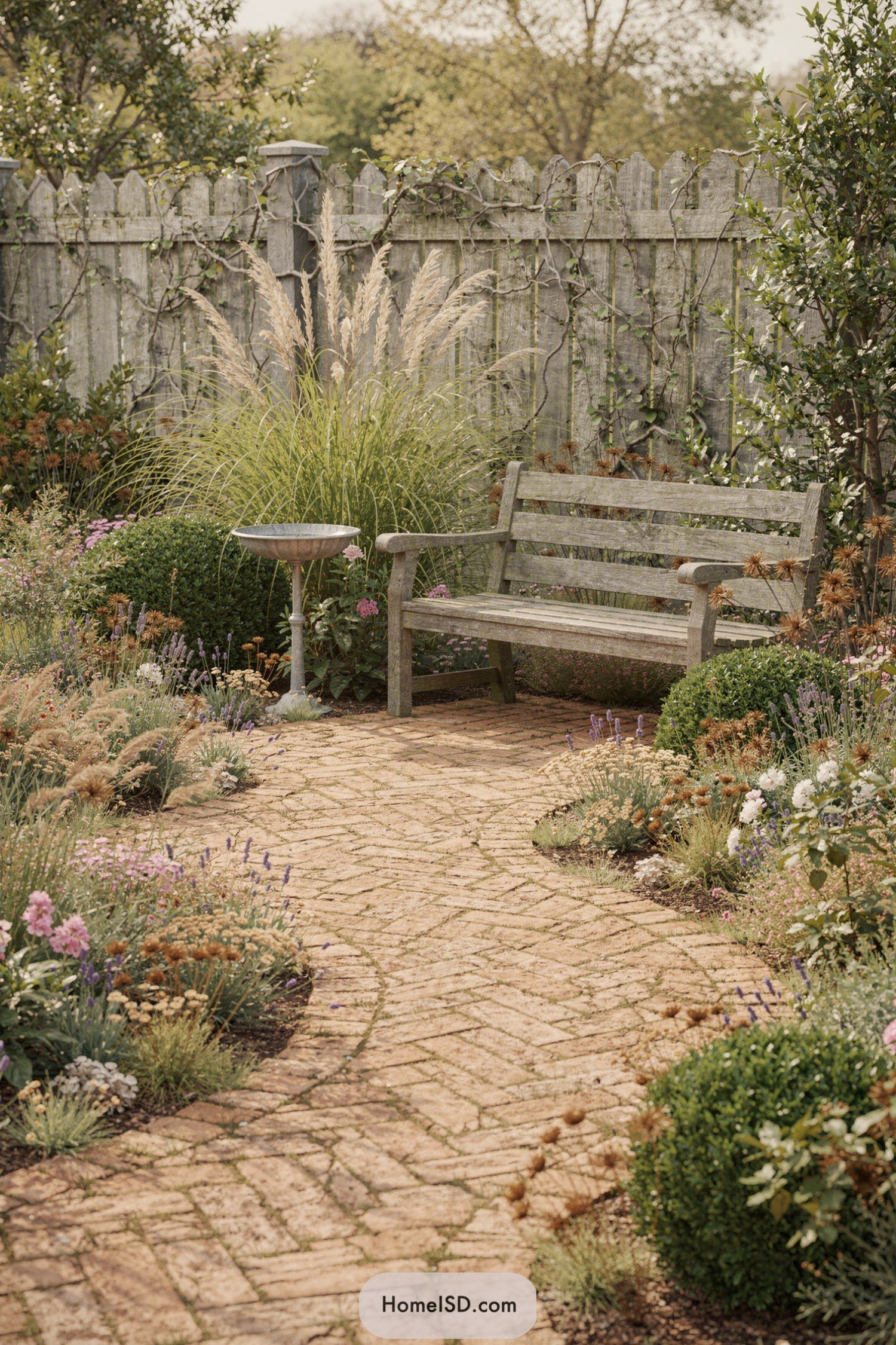 Weathered wooden bench beside curving brick path in a lush cottage garden