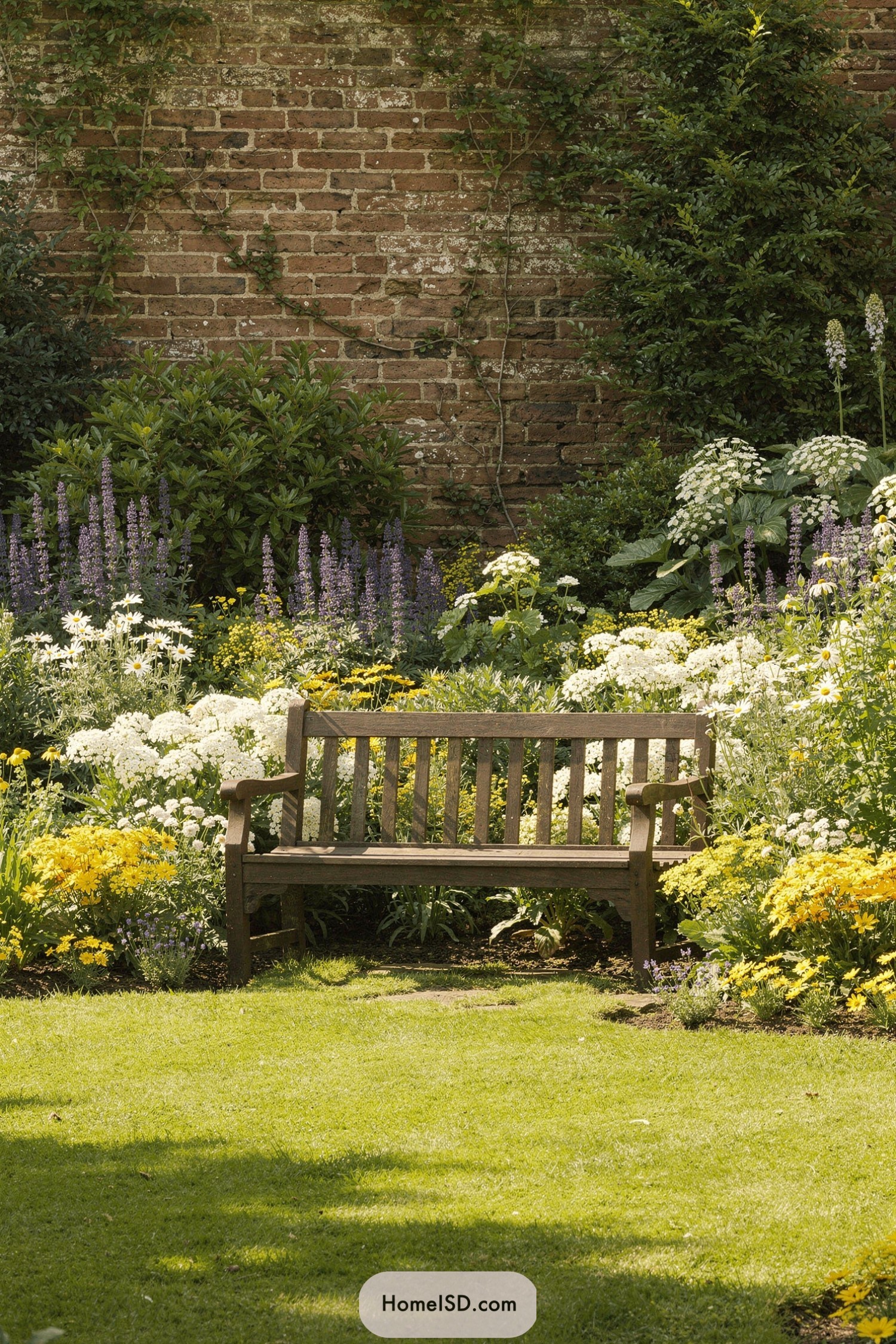 Wooden bench in lush walled garden