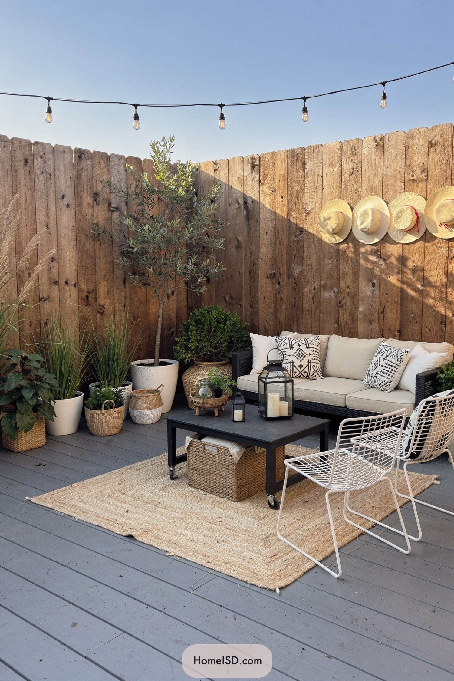 Cozy fenced patio with potted plants and seating
