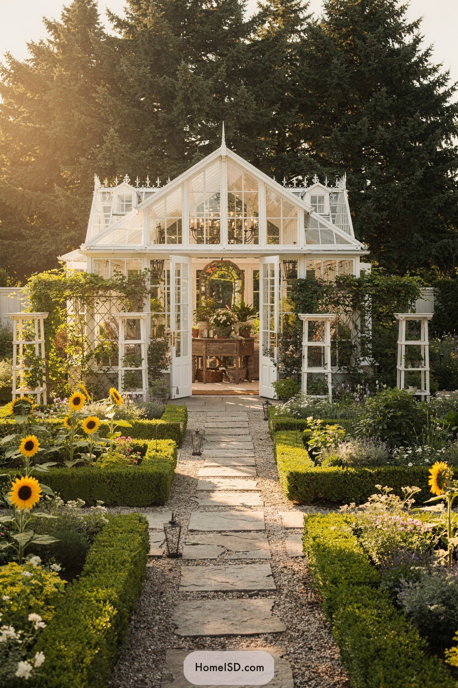 White glasshouse framed by formal garden