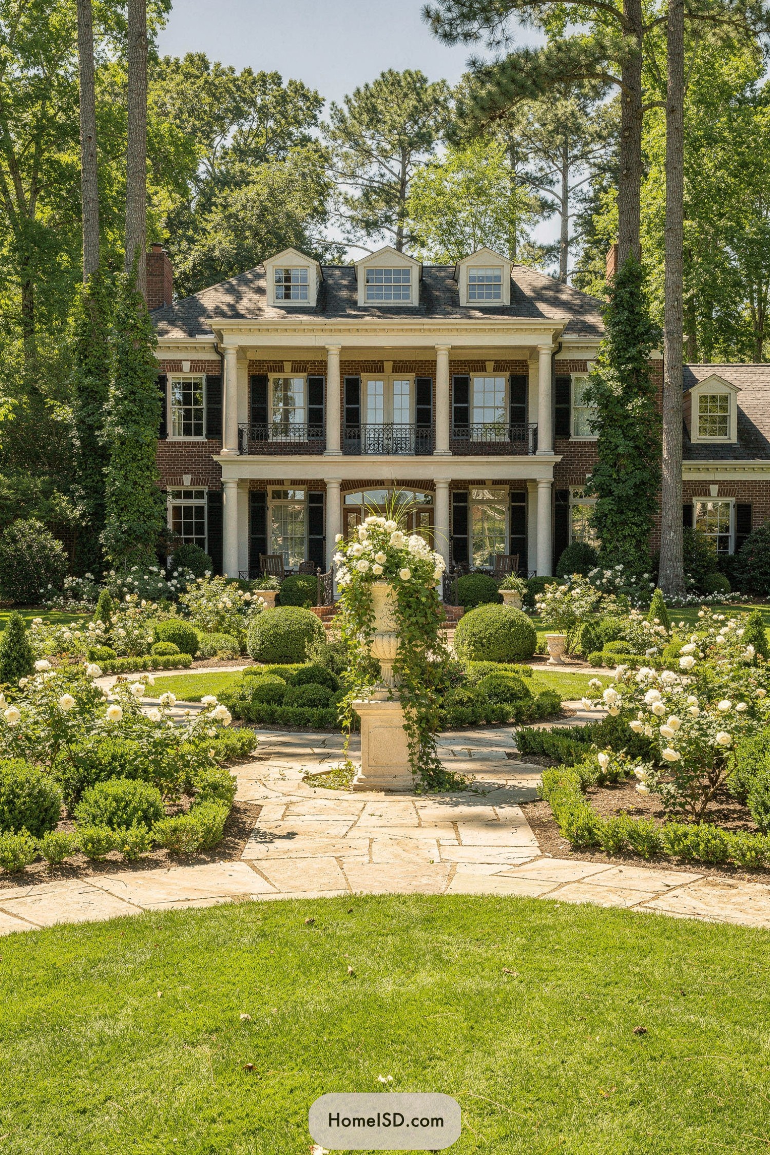 Formal front garden with stone paths, boxwood parterres, and white roses leading to a grand brick manor