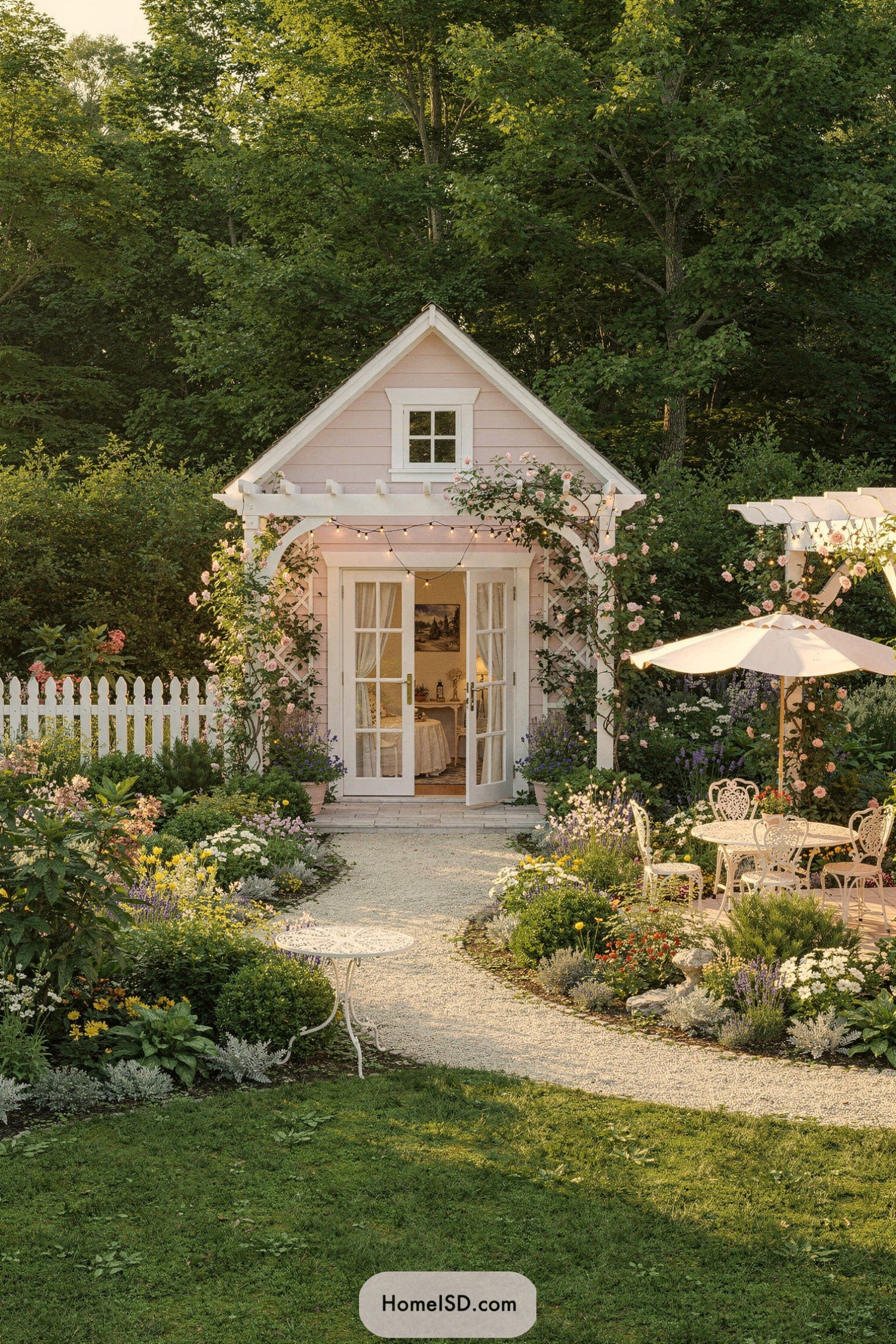 Pink garden studio framed by roses and bistro seating