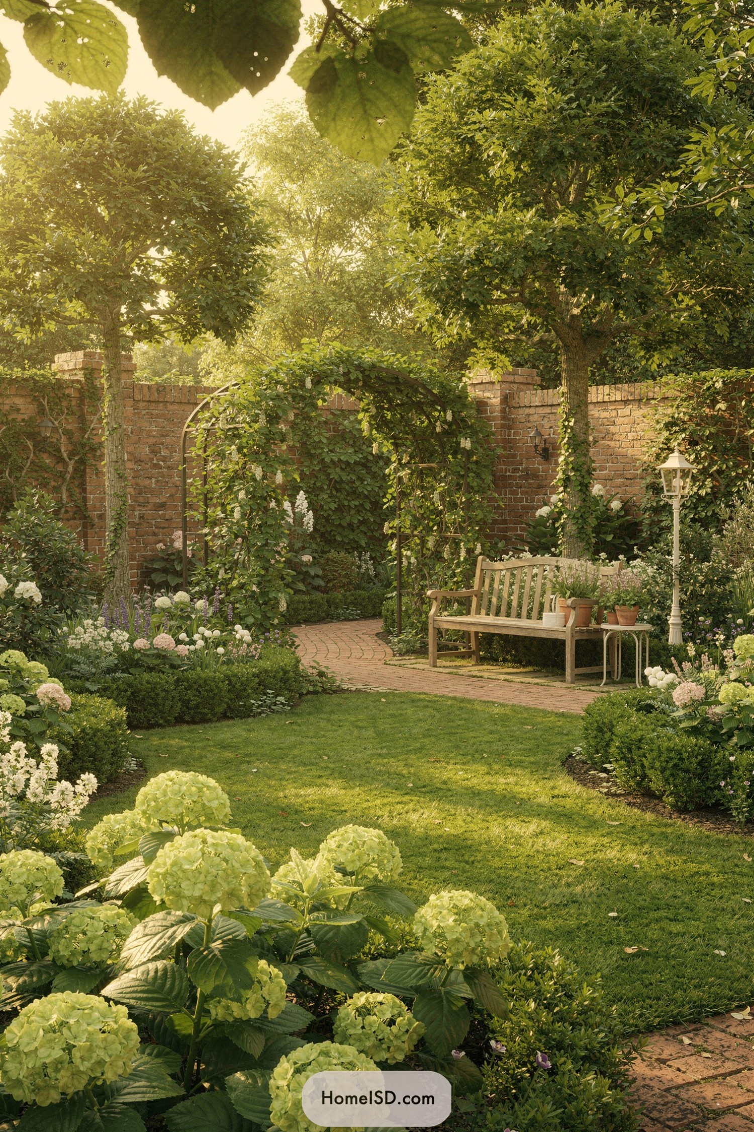 Sunlit walled garden with flower beds, vine-covered arch, and wooden bench on a brick path