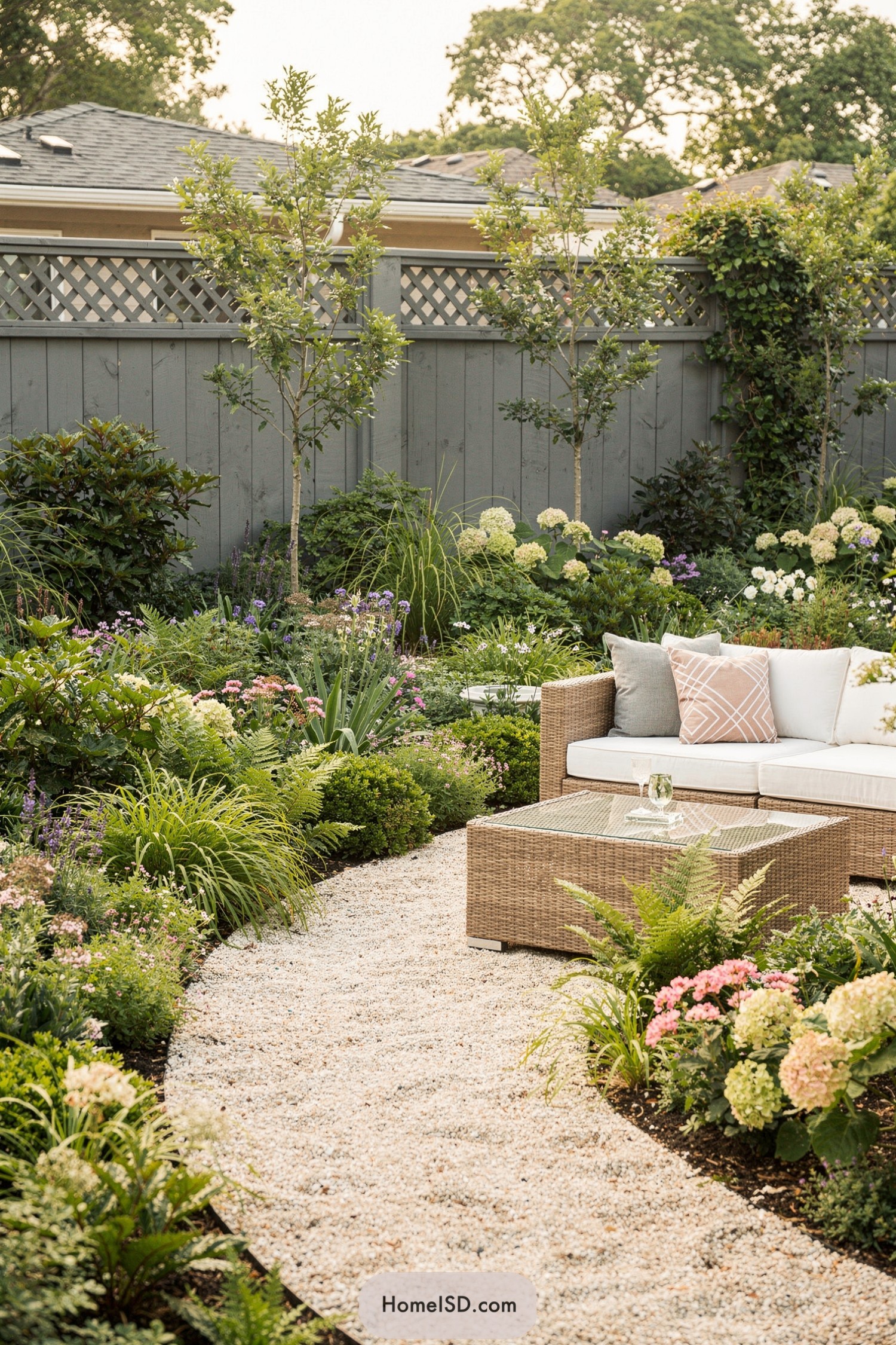 Backyard seating area with curved gravel path and lush plantings