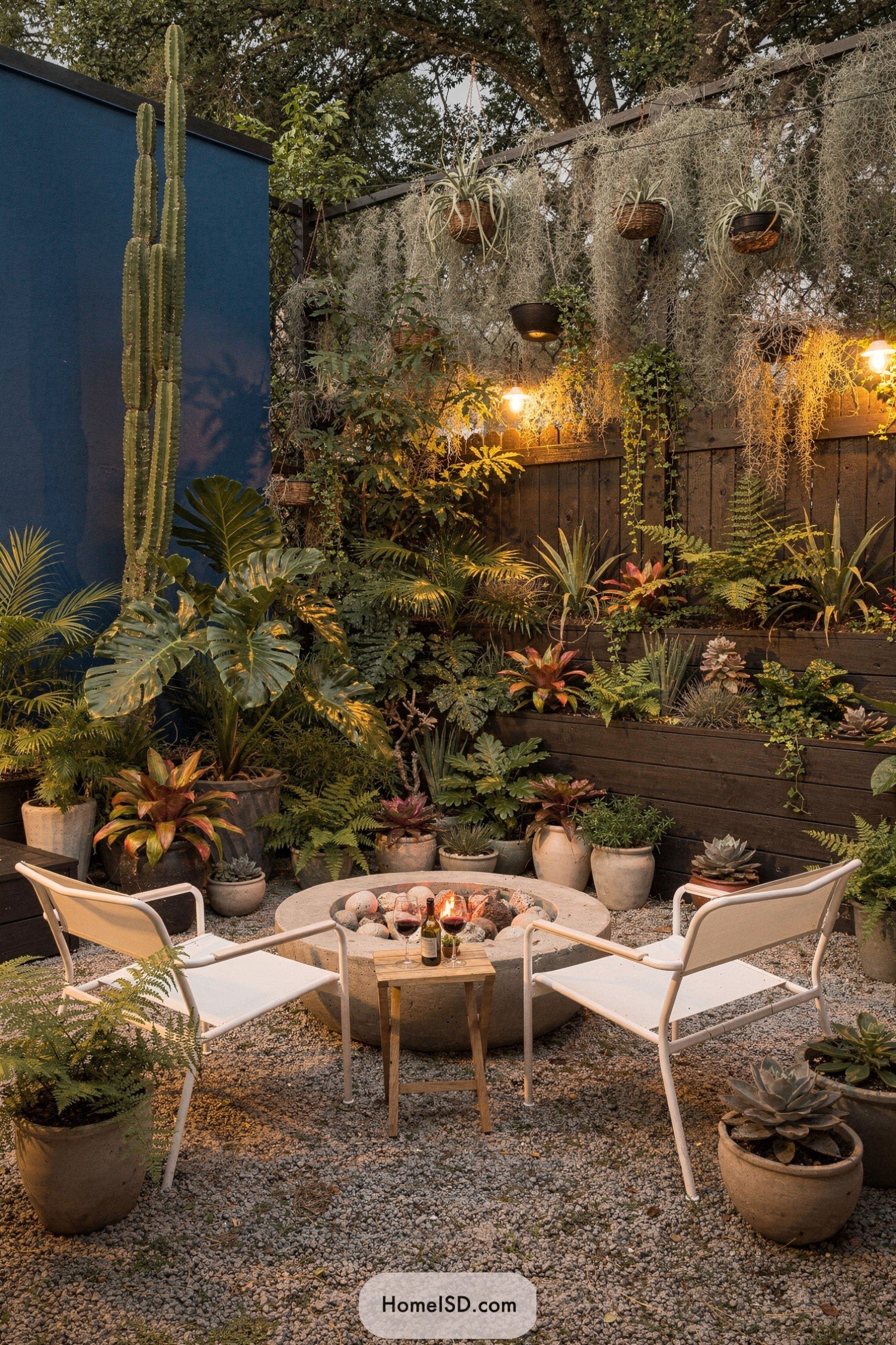 Cozy gravel patio with lush plants and a round firepit