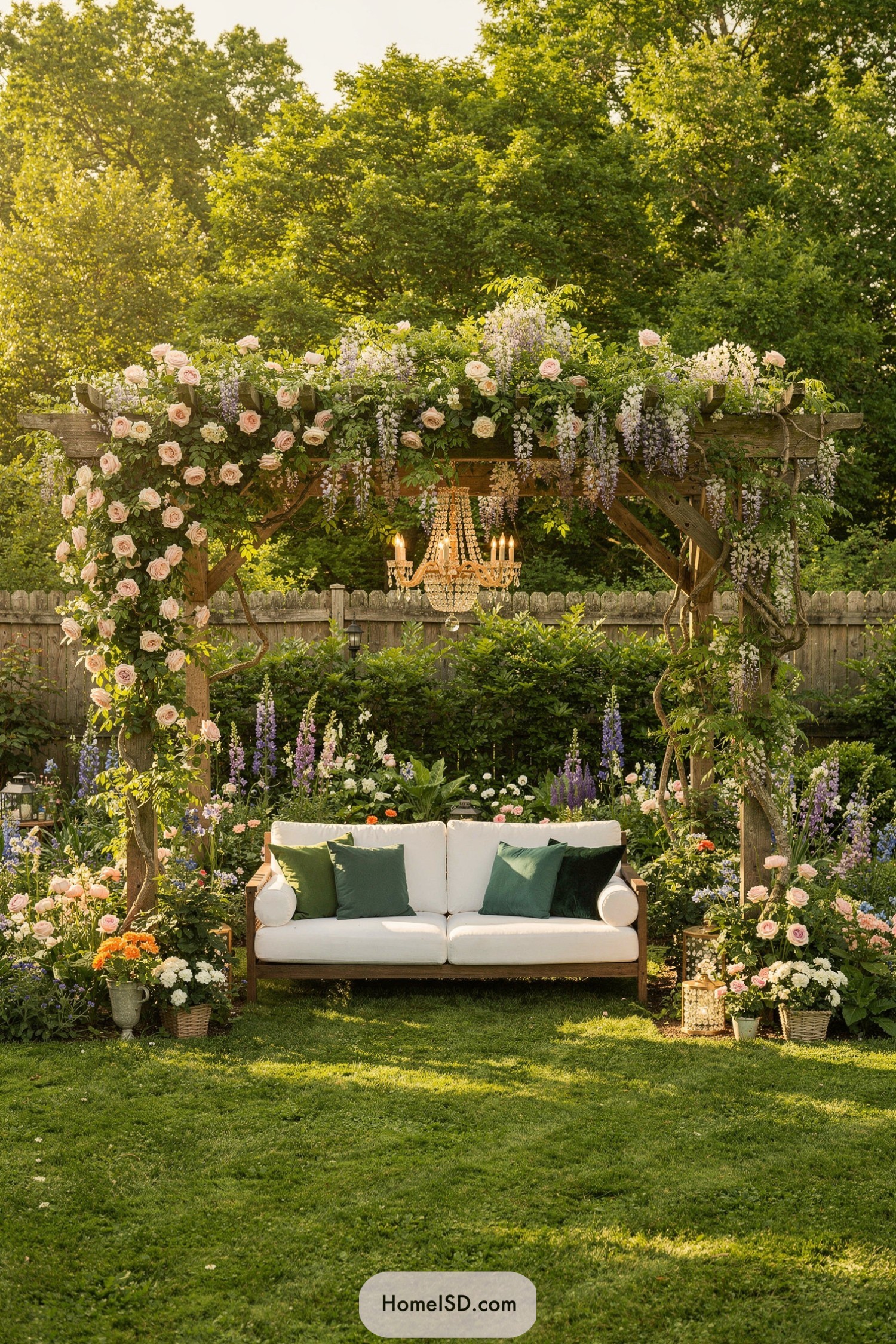 Outdoor sofa under flower covered pergola