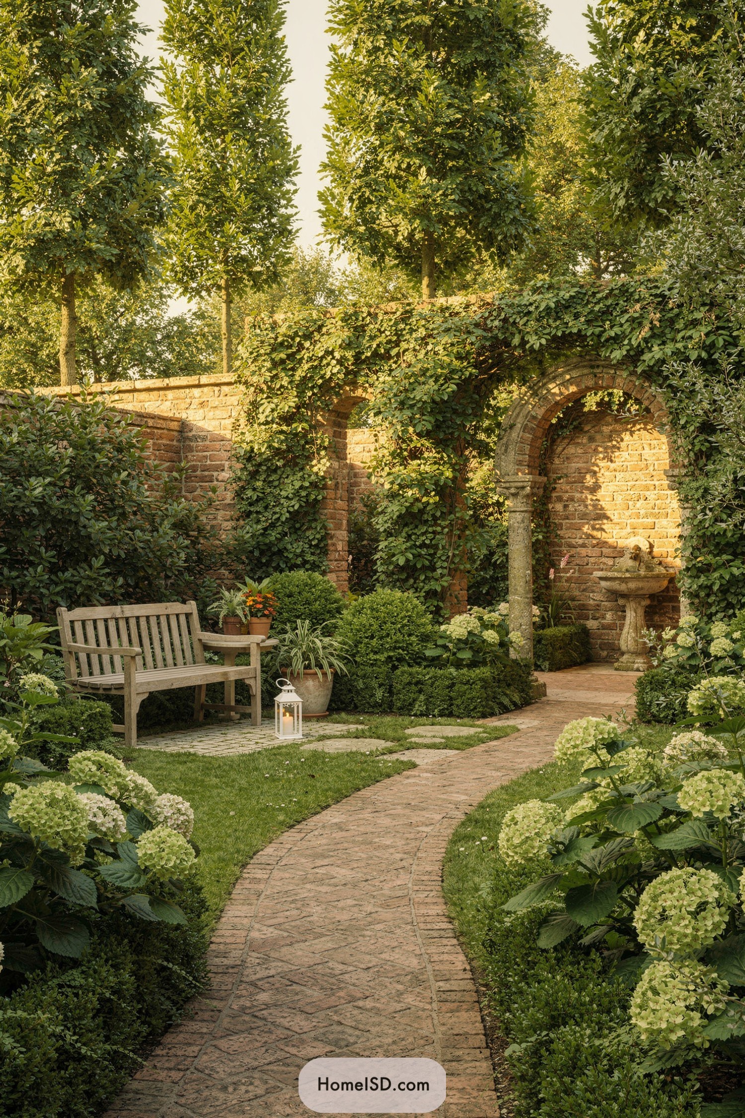 Brick garden with arches bench and fountain