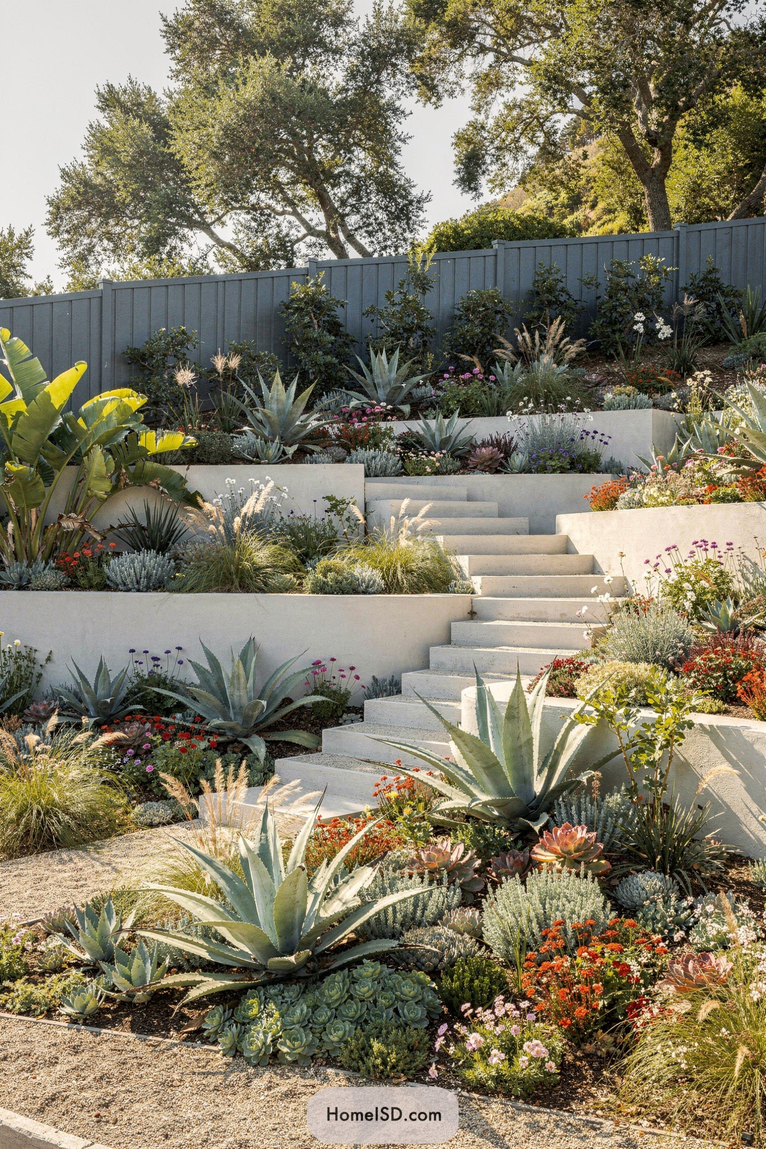 Sunlit tiered hillside garden with concrete steps and layered succulents
