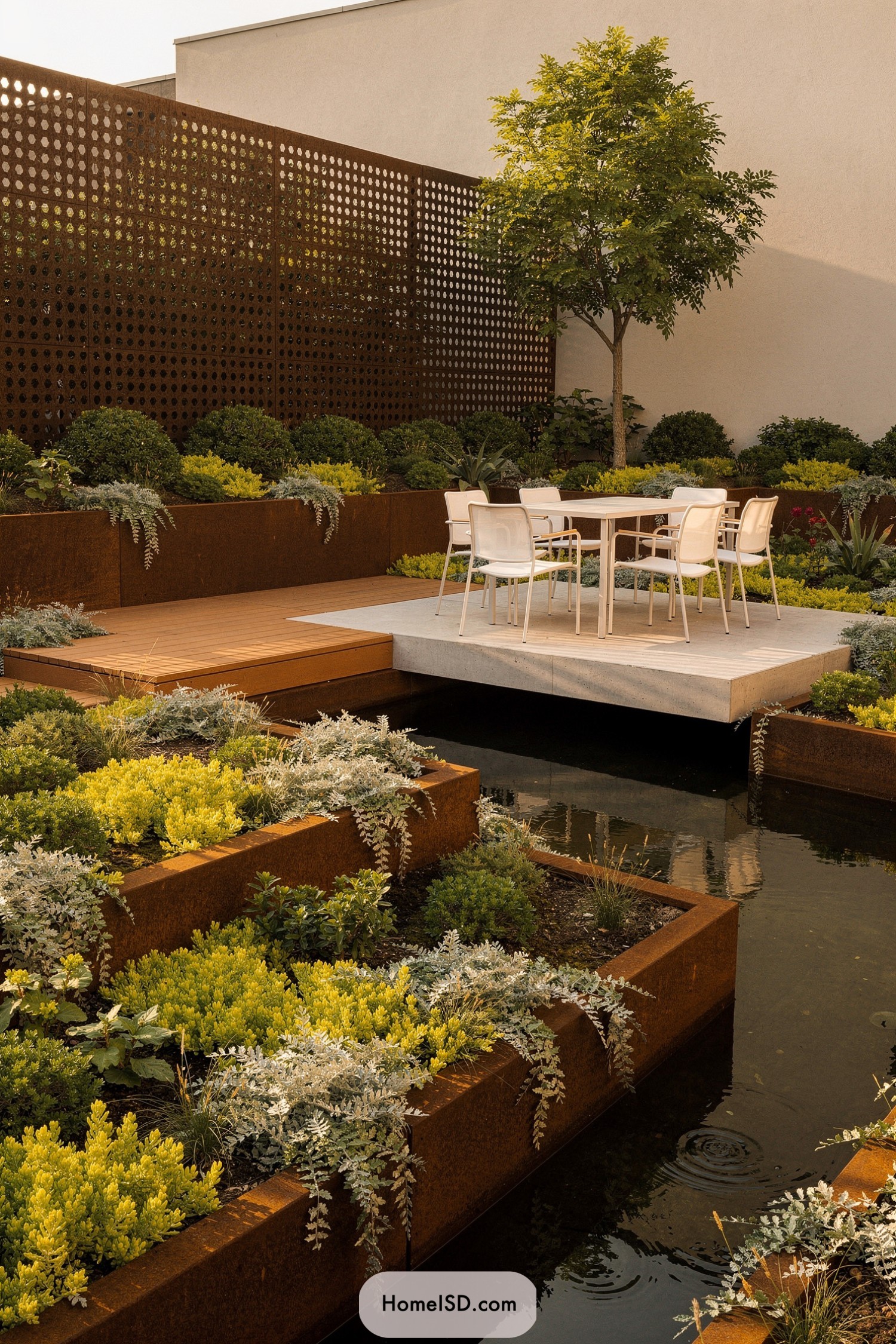 Modern garden with rusted steel planters, water channels, and a floating dining deck