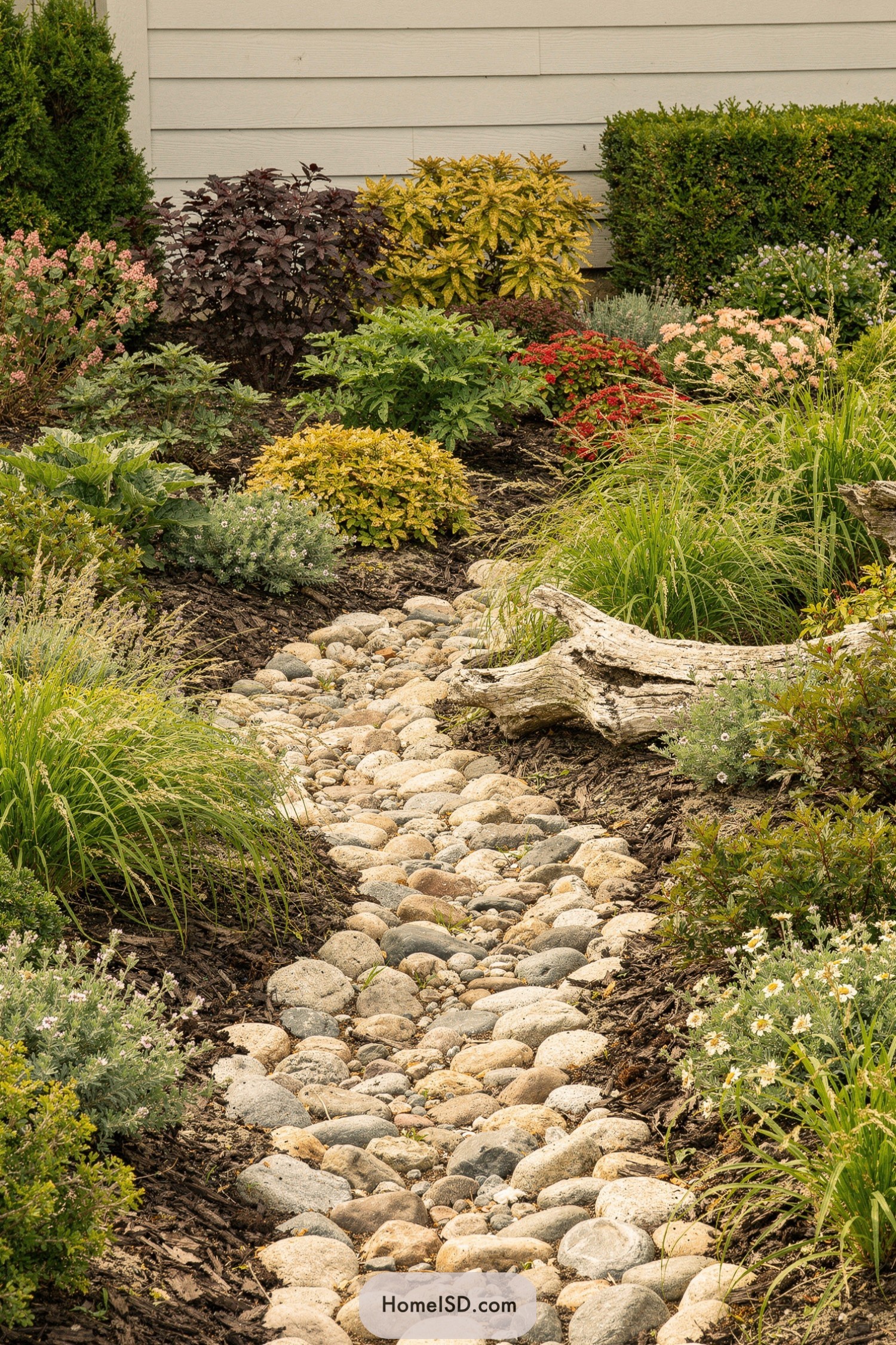 Pebble dry creek bed winding through colorful shrubs and grasses beside a house