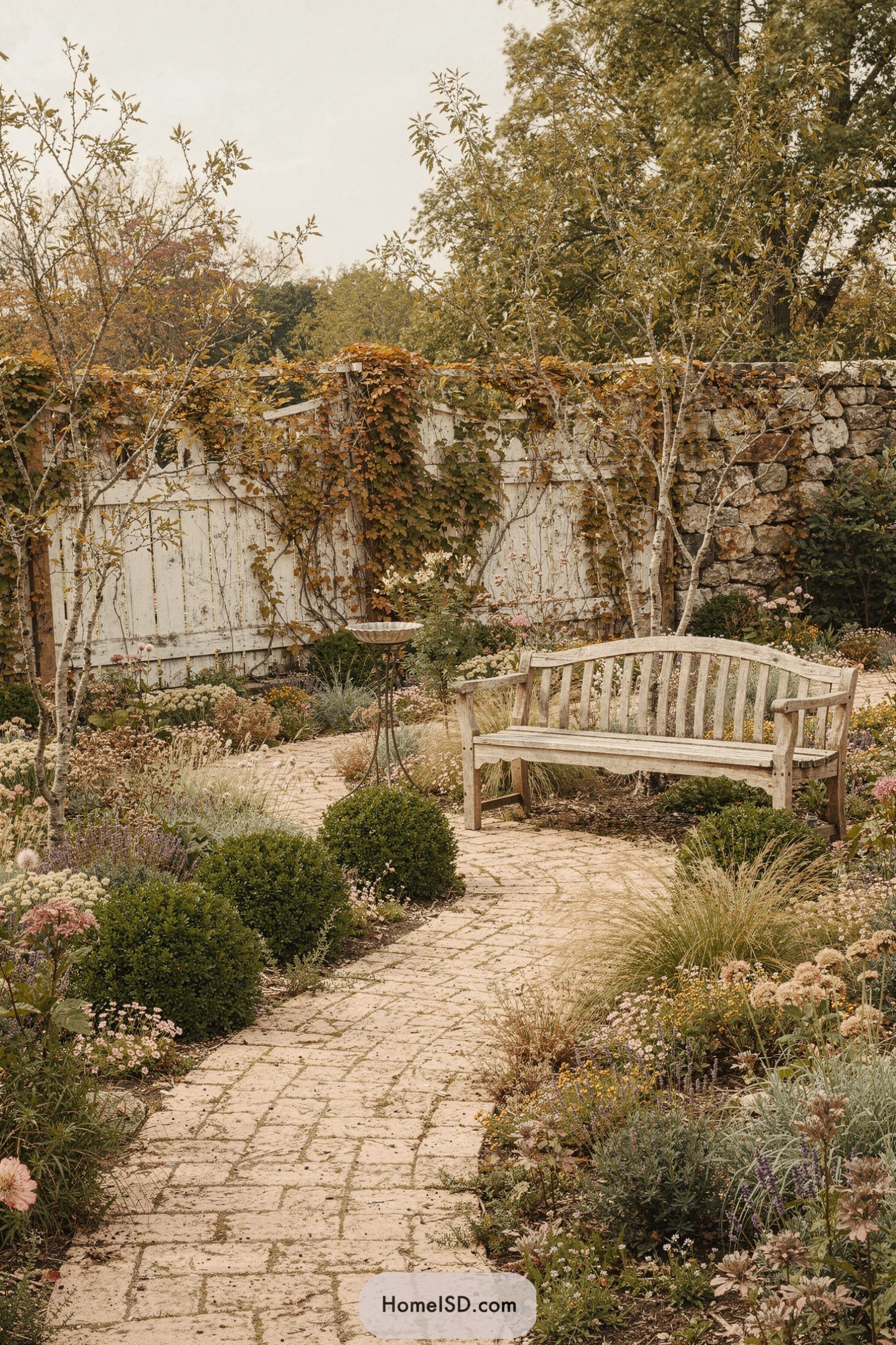 Curved brick garden path lined with soft plantings leading to a weathered wooden bench by an old stone and wood fence