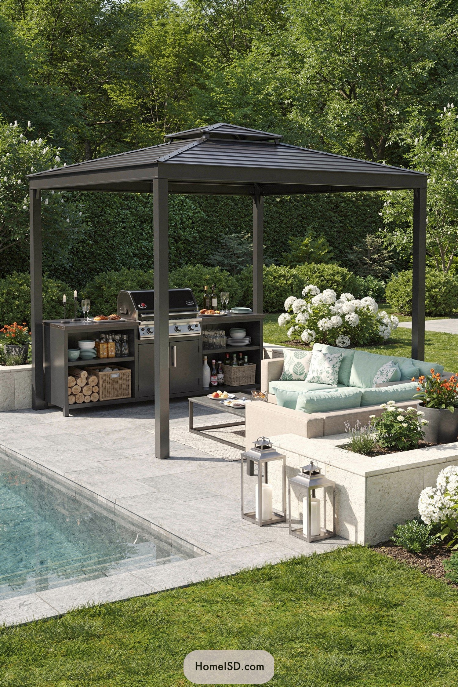 Modern metal-roof poolside pergola with built-in grill and cushioned lounge seating