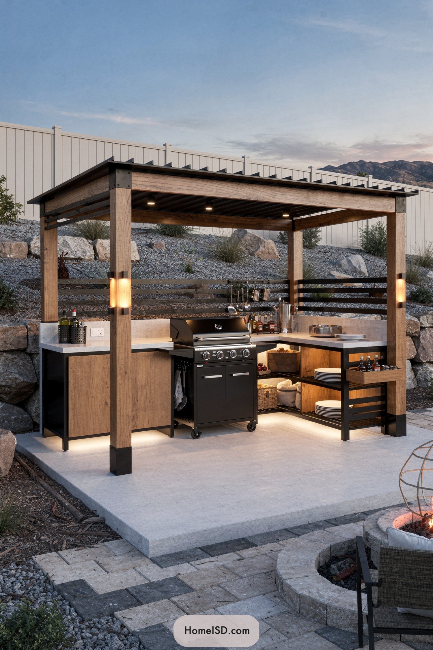 Modern pergola barbecue station with wood and metal structure, integrated lighting, and built-in counters against a rocky hillside