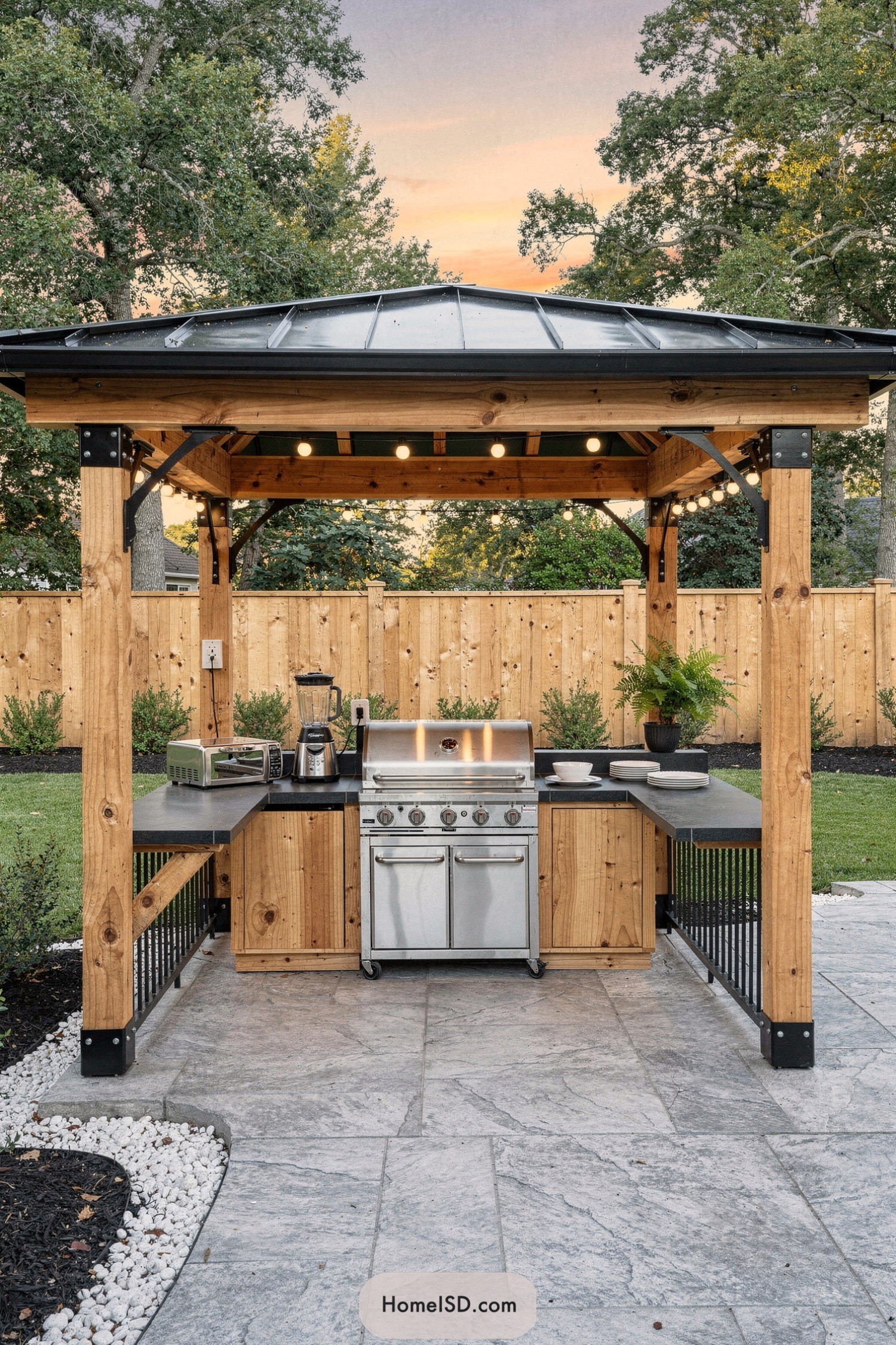 Wood pergola gazebo with built-in grill and counters