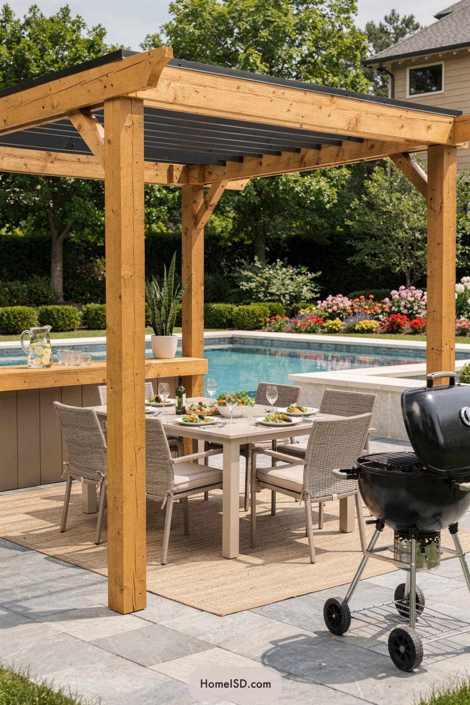 Wood pergola shading outdoor dining set by pool
