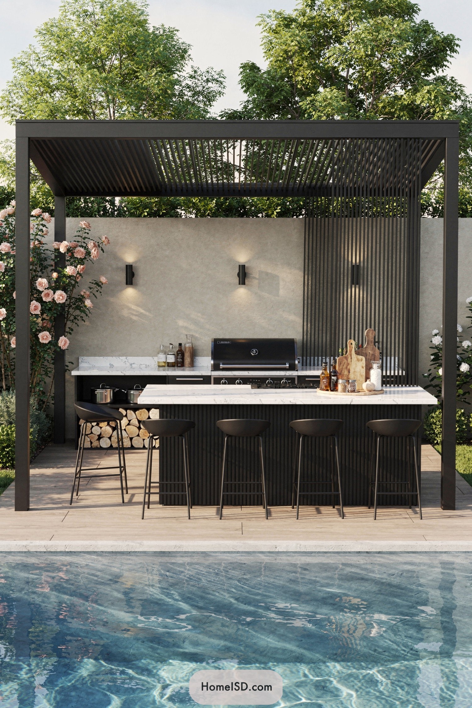 Modern black pergola kitchen with marble bar beside a swimming pool