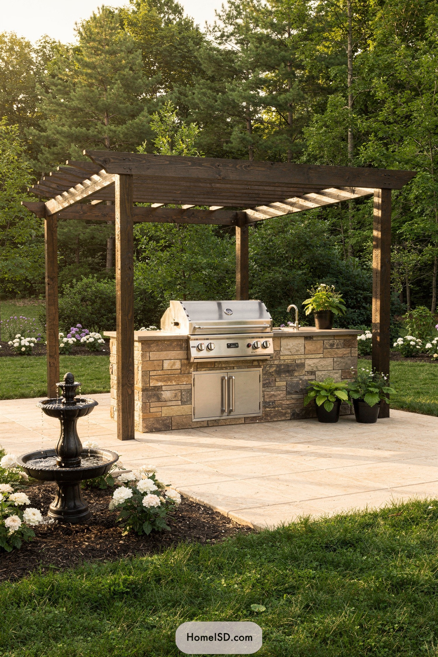 Outdoor stone grill island under wood pergola beside garden fountain
