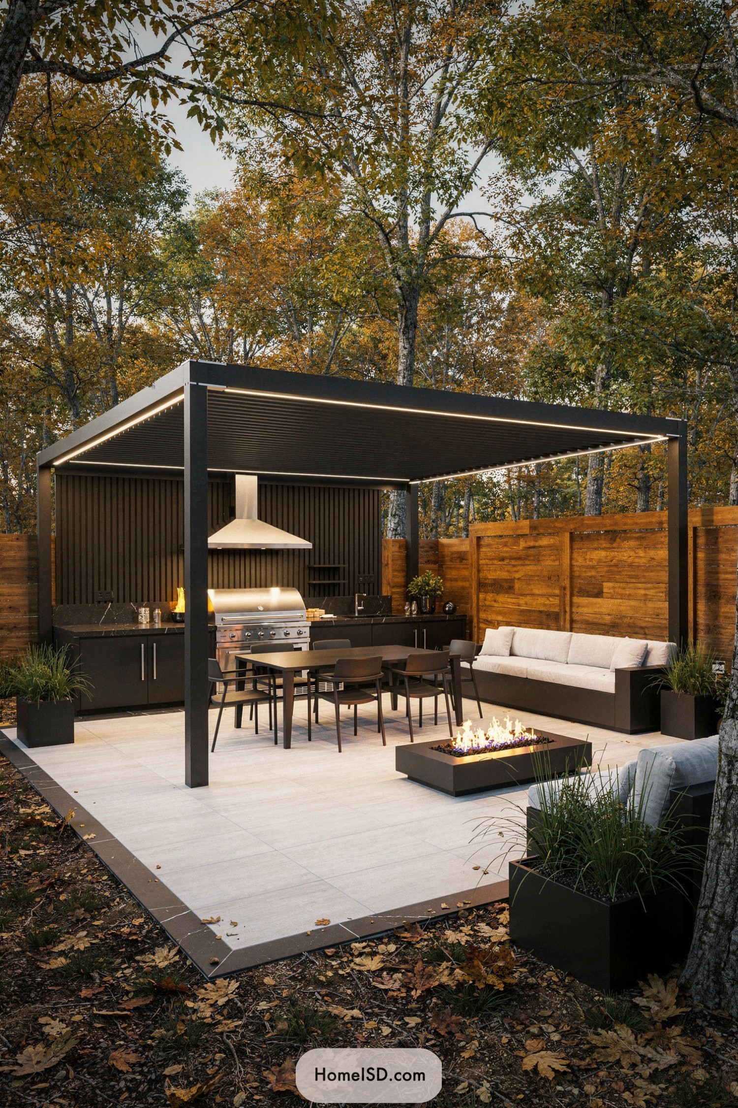 Modern black pergola with outdoor kitchen, dining set, sofa seating, and linear fire pit in a wooded backyard