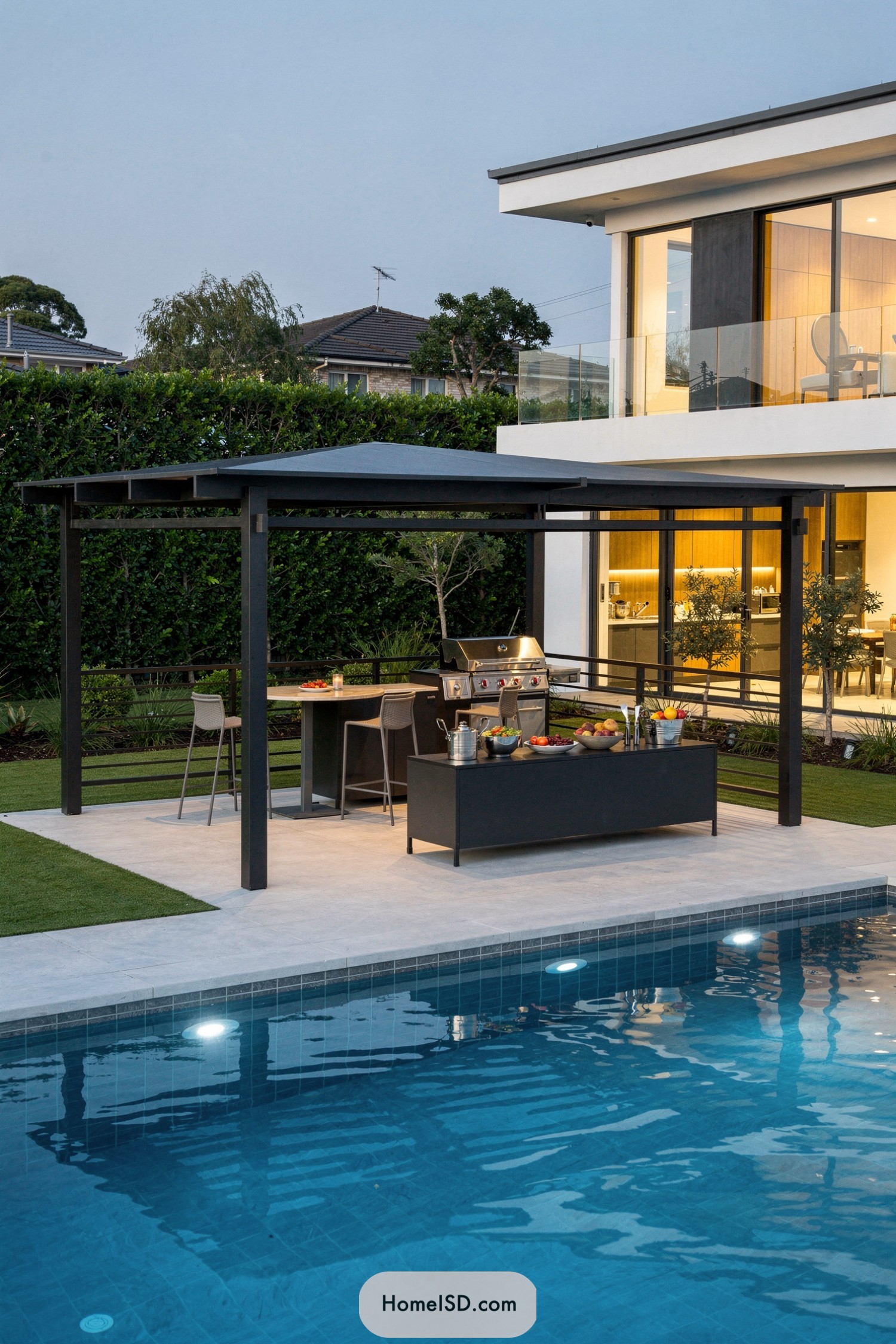 Modern black metal pergola with grill and prep station beside a pool