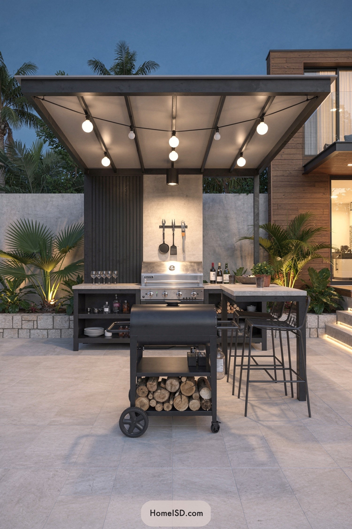 Modern covered outdoor grill station at dusk