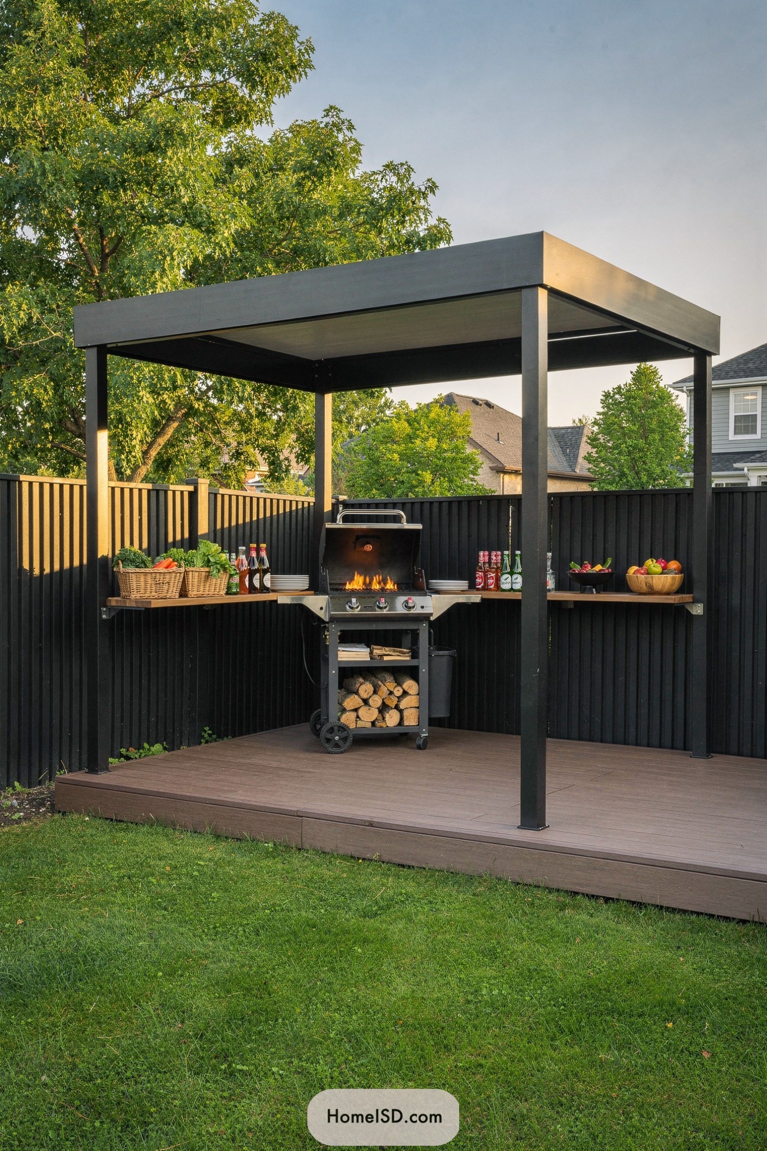 Modern pergola sheltering backyard grill station
