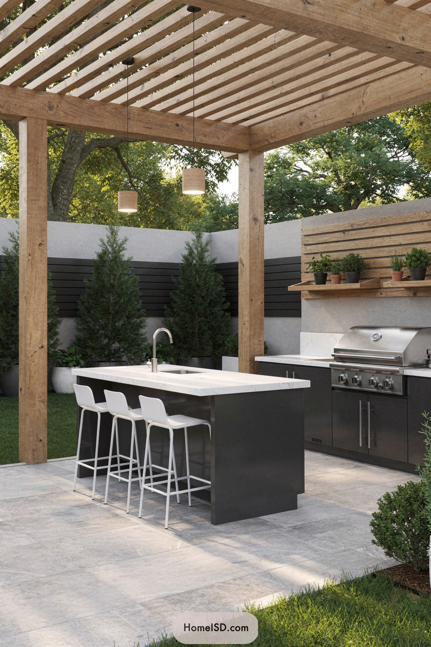 Open-air outdoor kitchen with timber pergola, sleek island, and built-in grill surrounded by modern landscaping