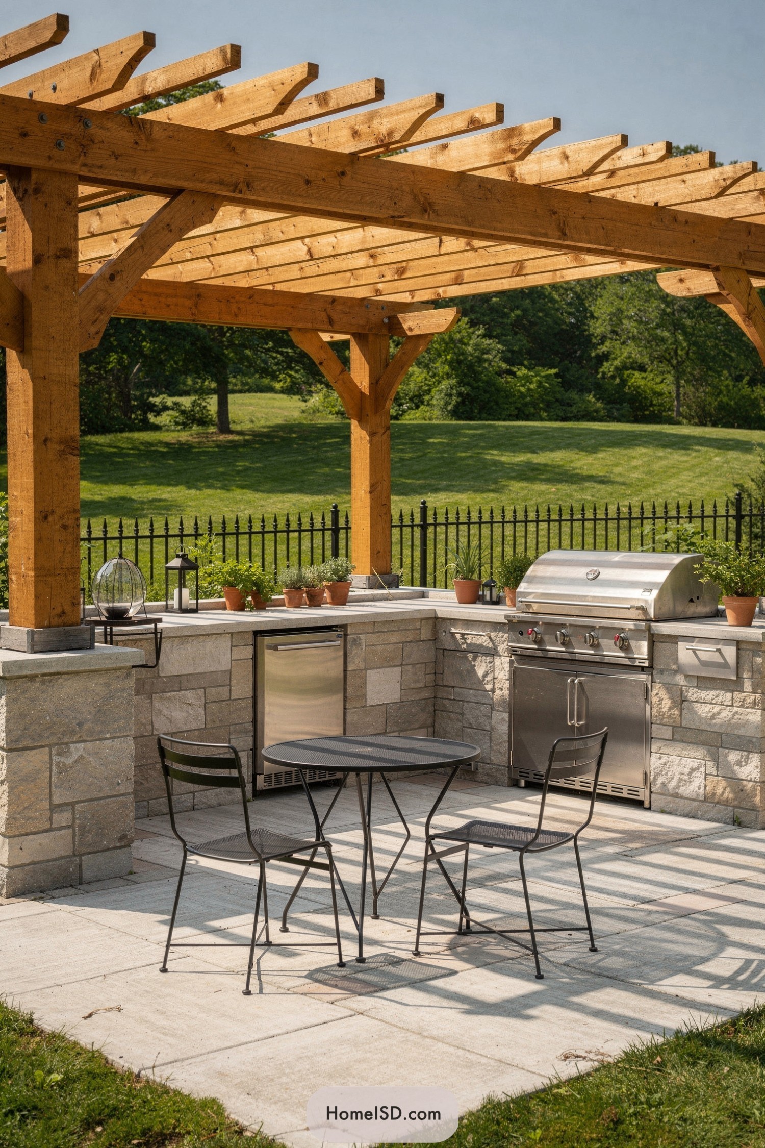 Wood pergola over stone outdoor kitchen with grill