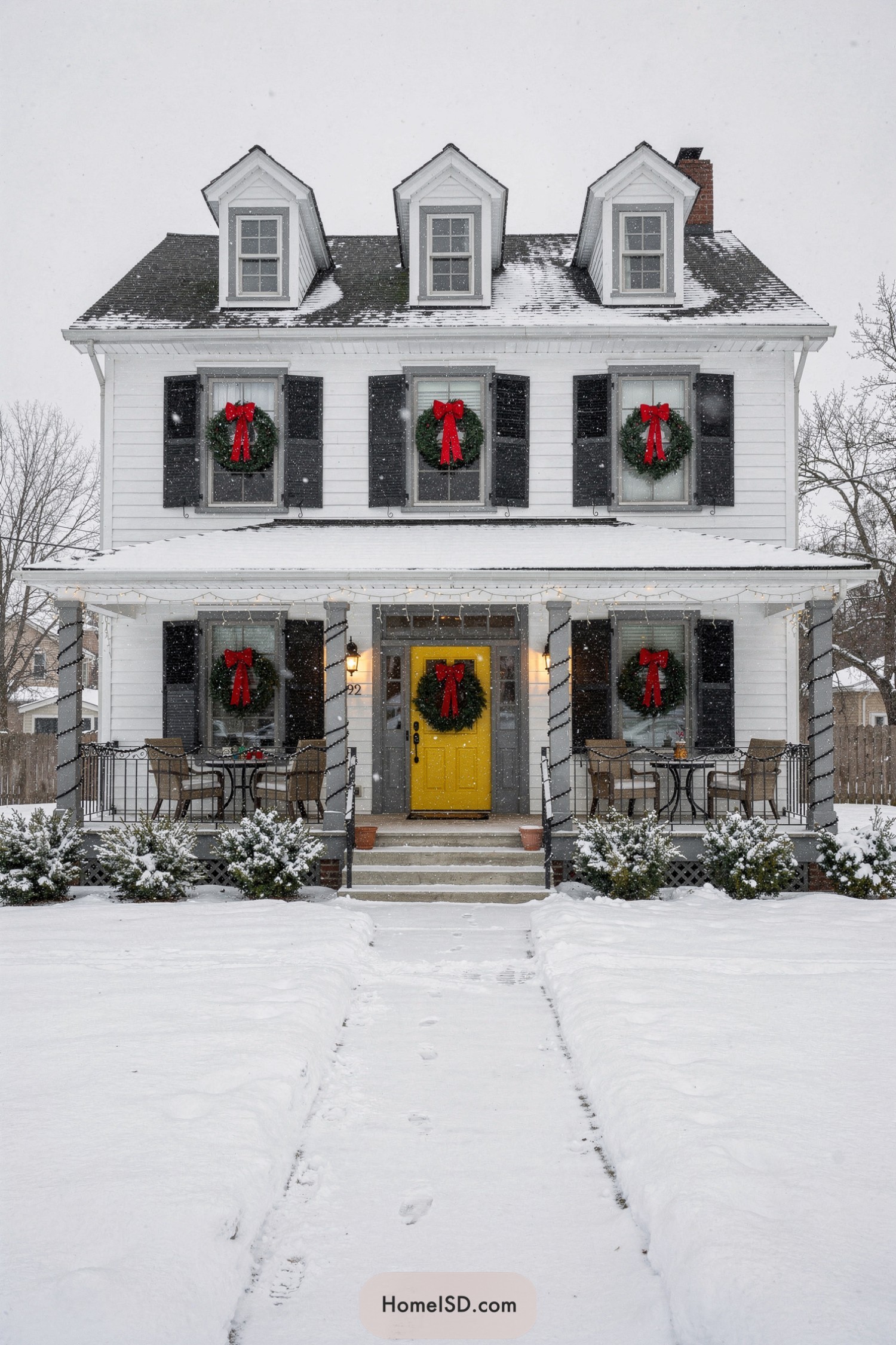 Snow-covered white house with matching green wreaths and red bows on every window and a bright yellow front door